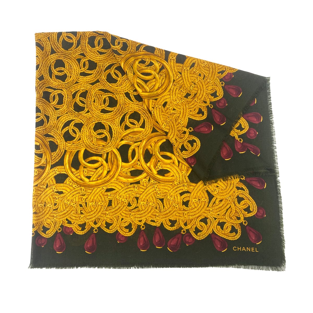 LUXURY PROMISE CHANEL VINTAGE SCARF COCOMARK CHAIN PATTERN KHAKI GOLD SILK CASHMERE 90307038