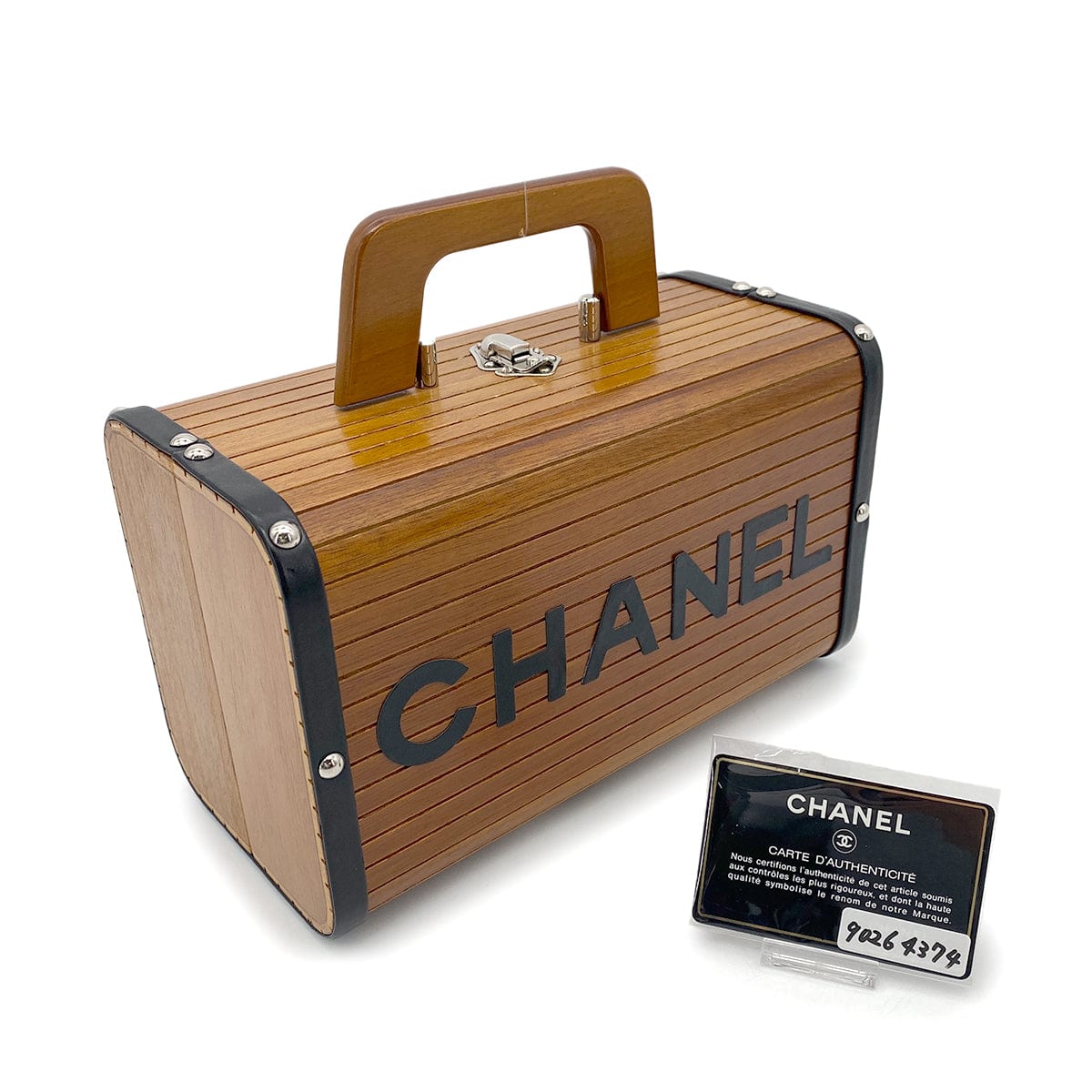 LUXURY PROMISE CHANEL VINTAGE WOOD VANITY HAND BAG WOOD LEATHER BROWN 90264374