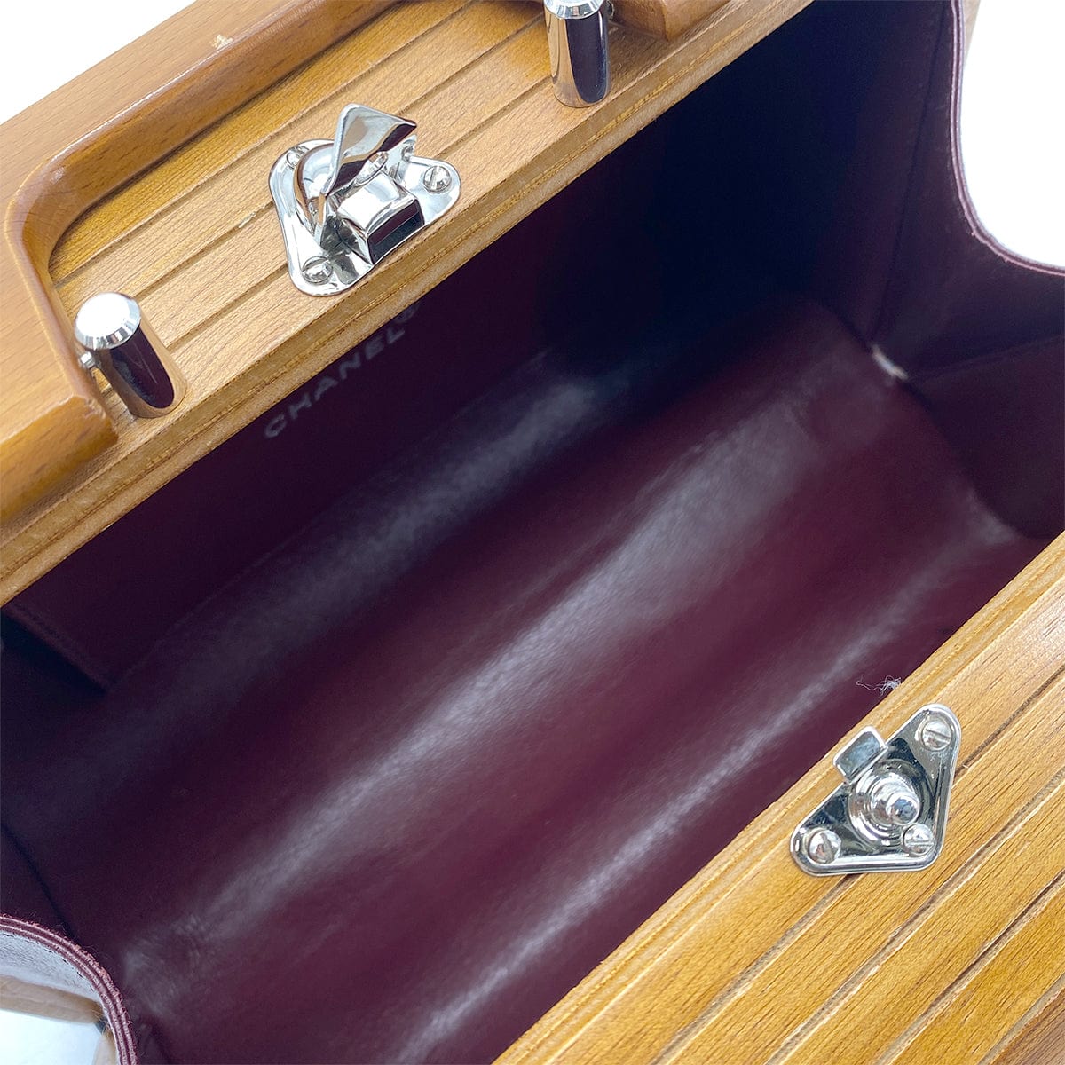 LUXURY PROMISE CHANEL VINTAGE WOOD VANITY HAND BAG WOOD LEATHER BROWN 90264374
