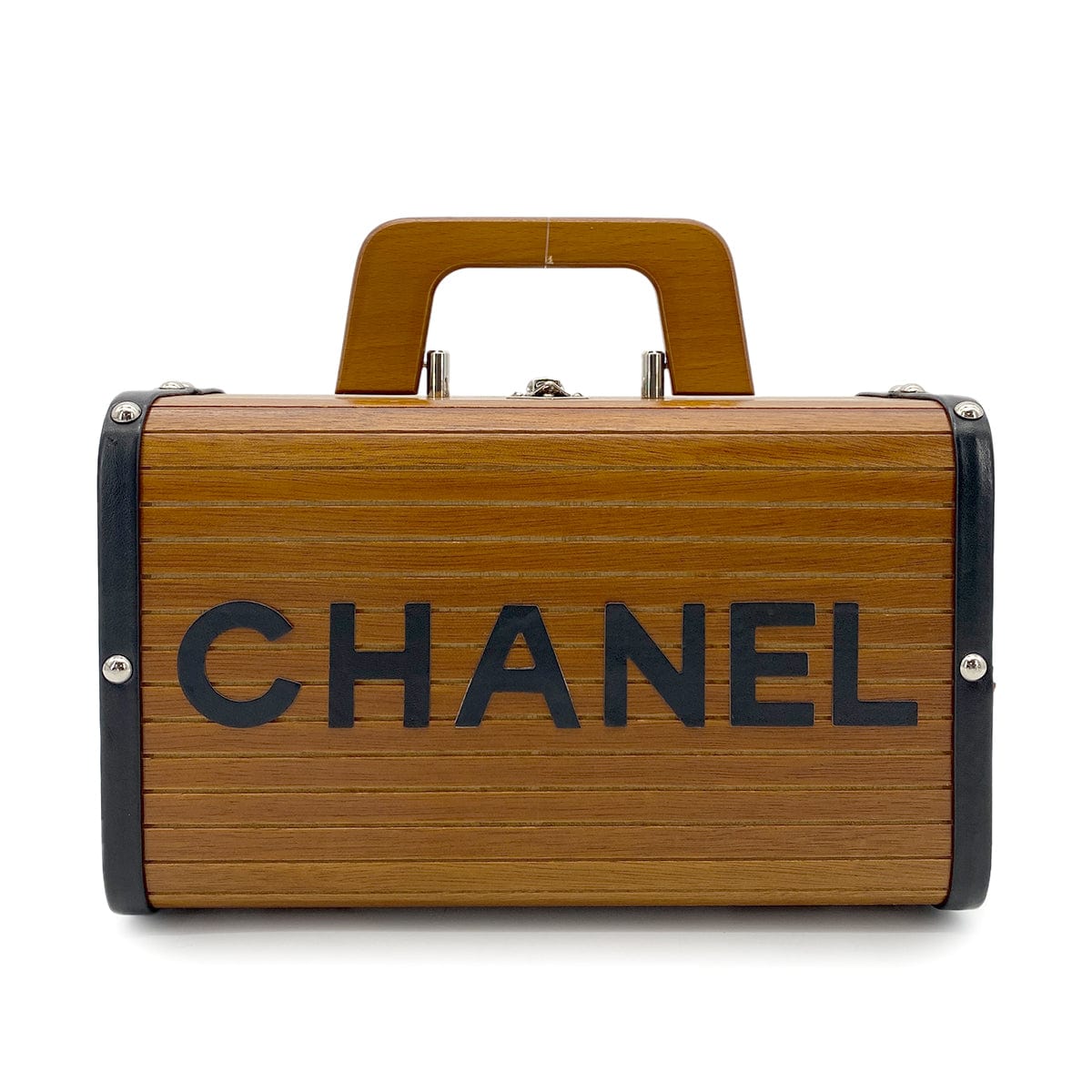 LUXURY PROMISE CHANEL VINTAGE WOOD VANITY HAND BAG WOOD LEATHER BROWN 90264374