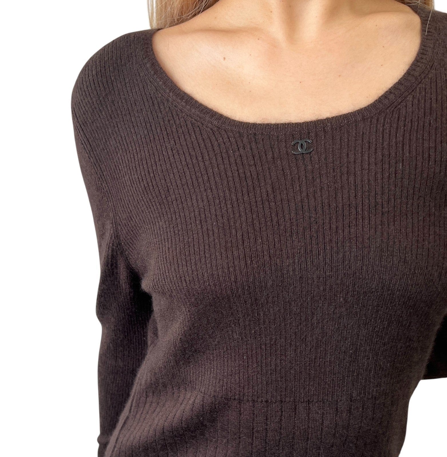 Luxury Promise CHANEL Vintage 00A CC Logo Rib Knit Top Pullover Long Sleeve #42 Brown Cashmere