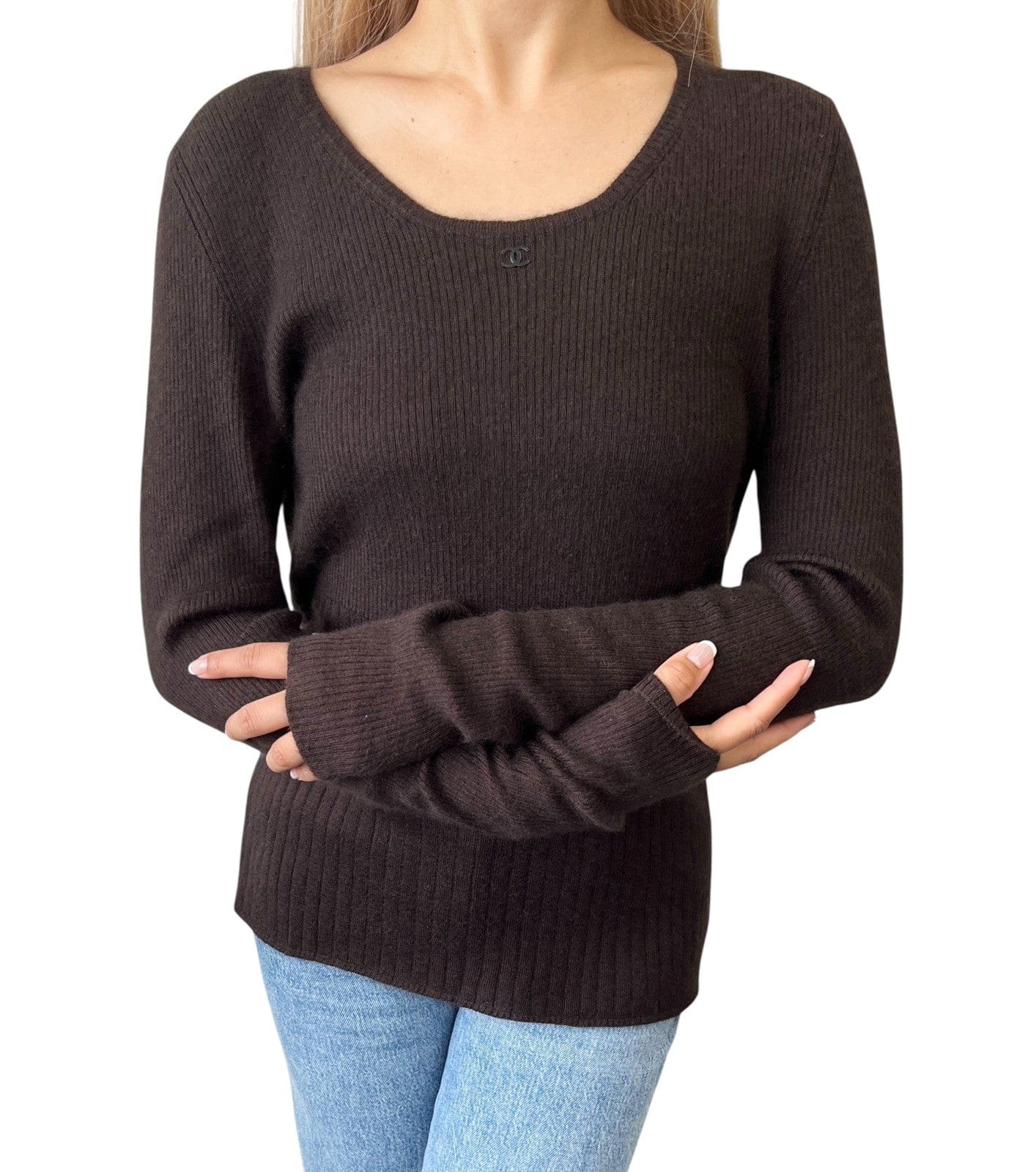 Luxury Promise CHANEL Vintage 00A CC Logo Rib Knit Top Pullover Long Sleeve #42 Brown Cashmere