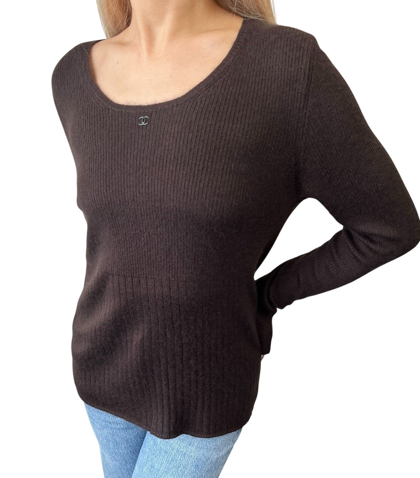 Luxury Promise CHANEL Vintage 00A CC Logo Rib Knit Top Pullover Long Sleeve #42 Brown Cashmere