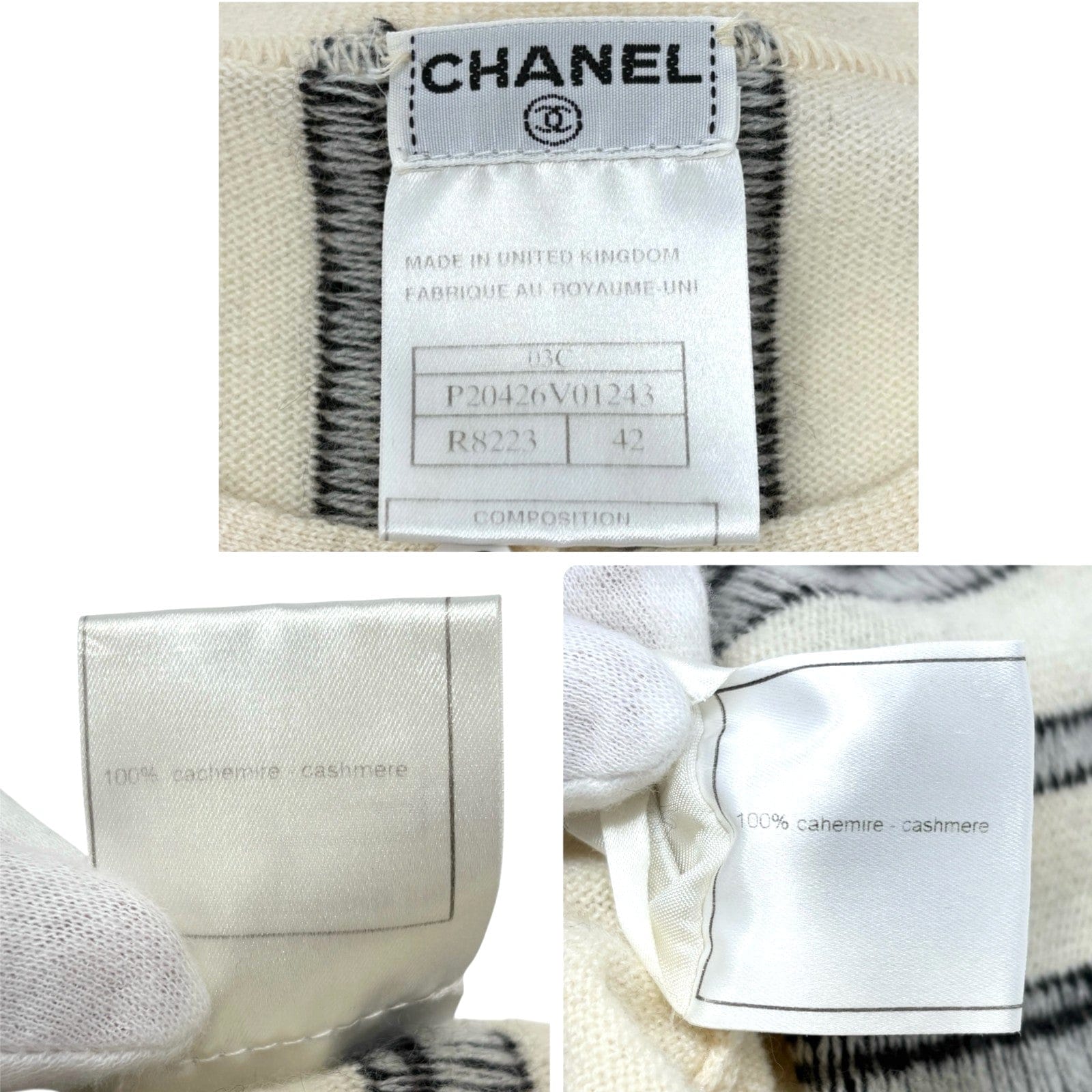 Luxury Promise CHANEL Vintage 03C CC Logo Cashmere Knit Striped T-shirt Top #42 Cream Black