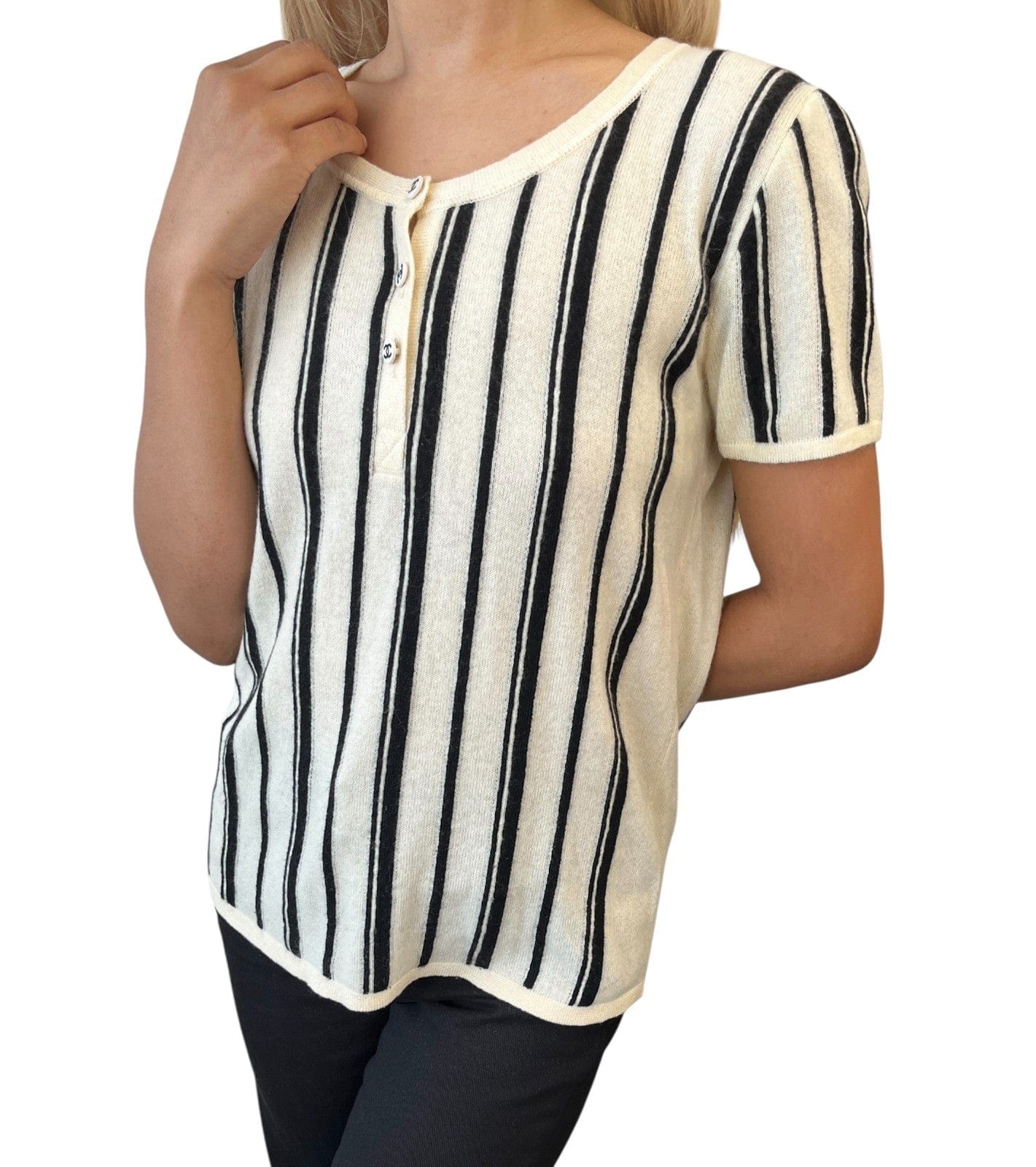 Luxury Promise CHANEL Vintage 03C CC Logo Cashmere Knit Striped T-shirt Top #42 Cream Black