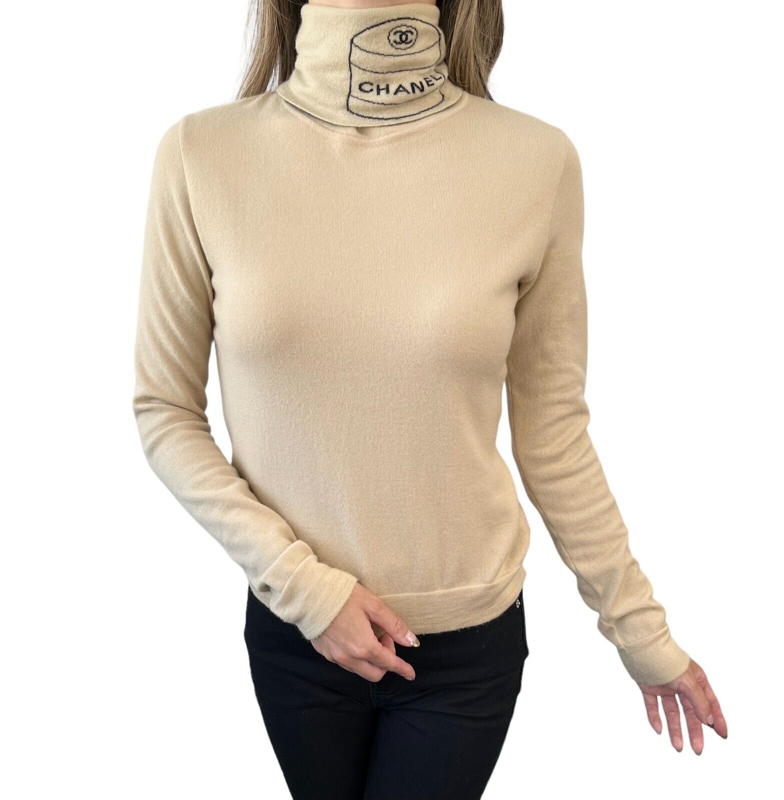 Luxury Promise CHANEL Vintage 04A CC Logo Turtleneck Sweater #38 Long Sleeve Top Cream Cashmere