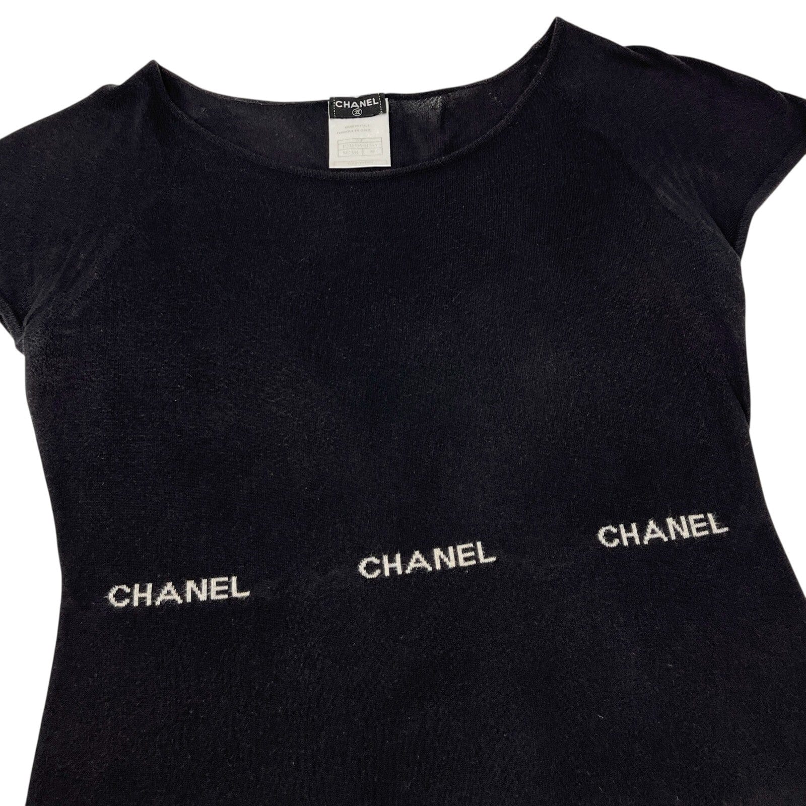 Luxury Promise CHANEL Vintage 04P Logo Knit T-shirt Top #40 Round Neck Black White Cotton