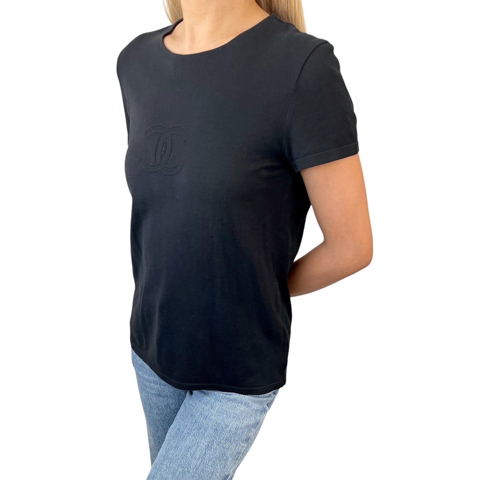 Luxury Promise CHANEL Vintage 05C CC Logo Knit T-shirt #42 Short Sleeve Top Black Cotton