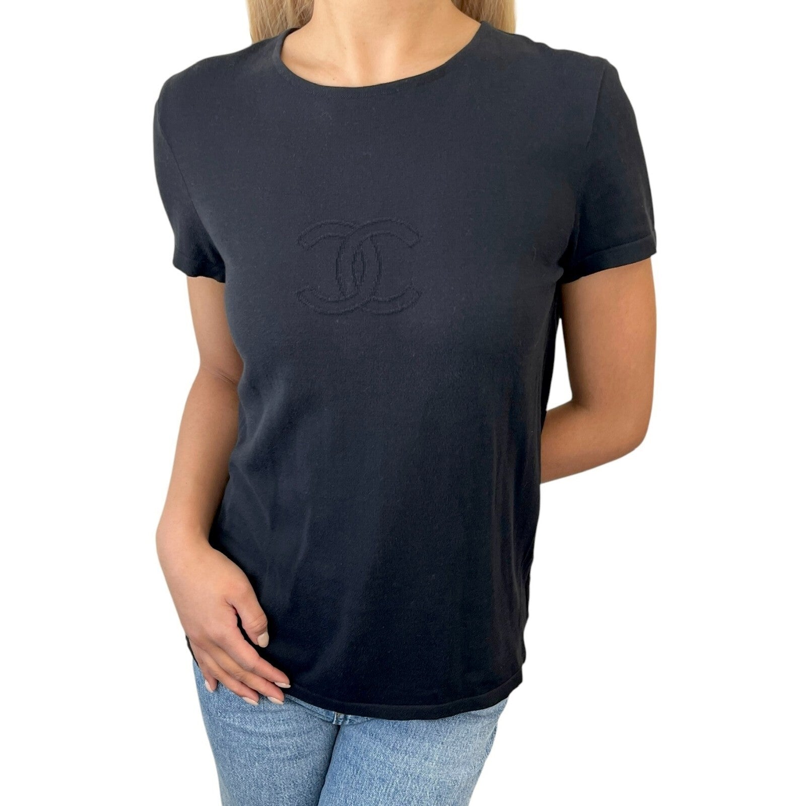 Luxury Promise CHANEL Vintage 05C CC Logo Knit T-shirt #42 Short Sleeve Top Black Cotton