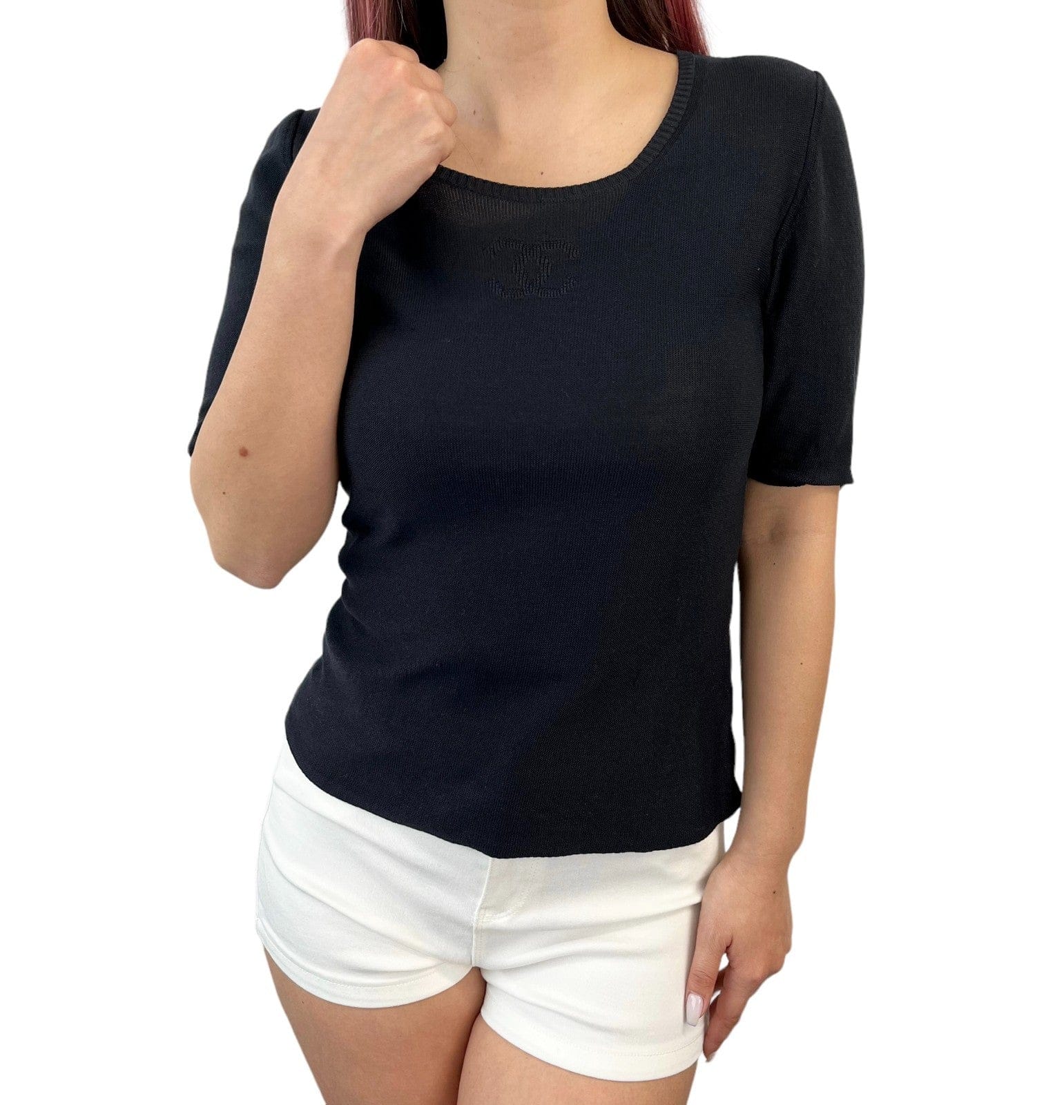 Luxury Promise CHANEL Vintage 06P CC Logo Knit T-shirt #46 Black Cotton Short Sleeve