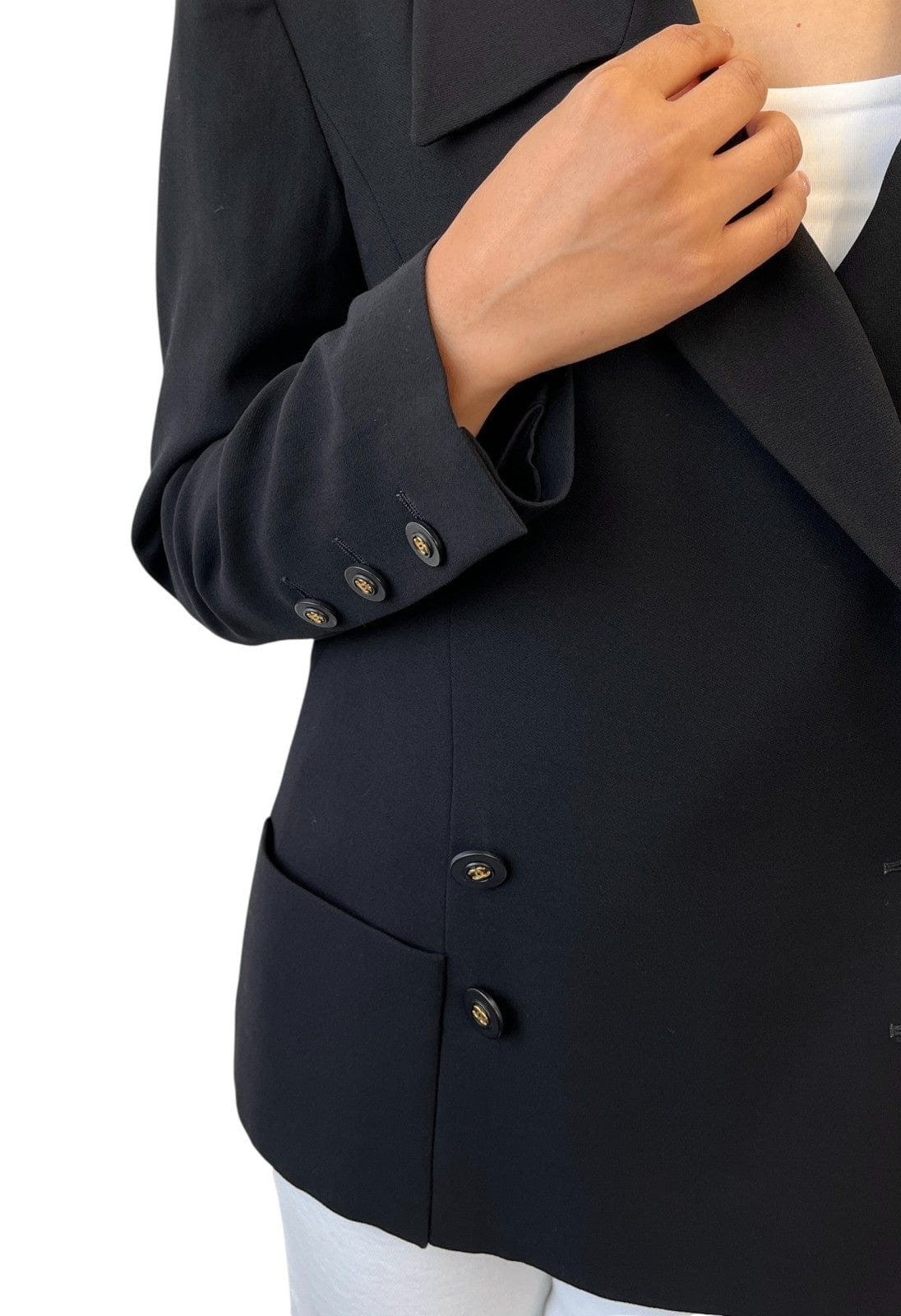 Luxury Promise CHANEL Vintage 94P CC Mark Logo Jacket Button Black Gold Long Sleeve Collar