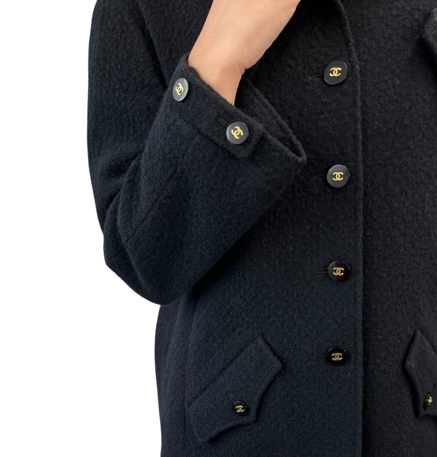 Luxury Promise CHANEL Vintage 95A CC Mark Logo Jacket #38 Mohair Wool Black Gold Button