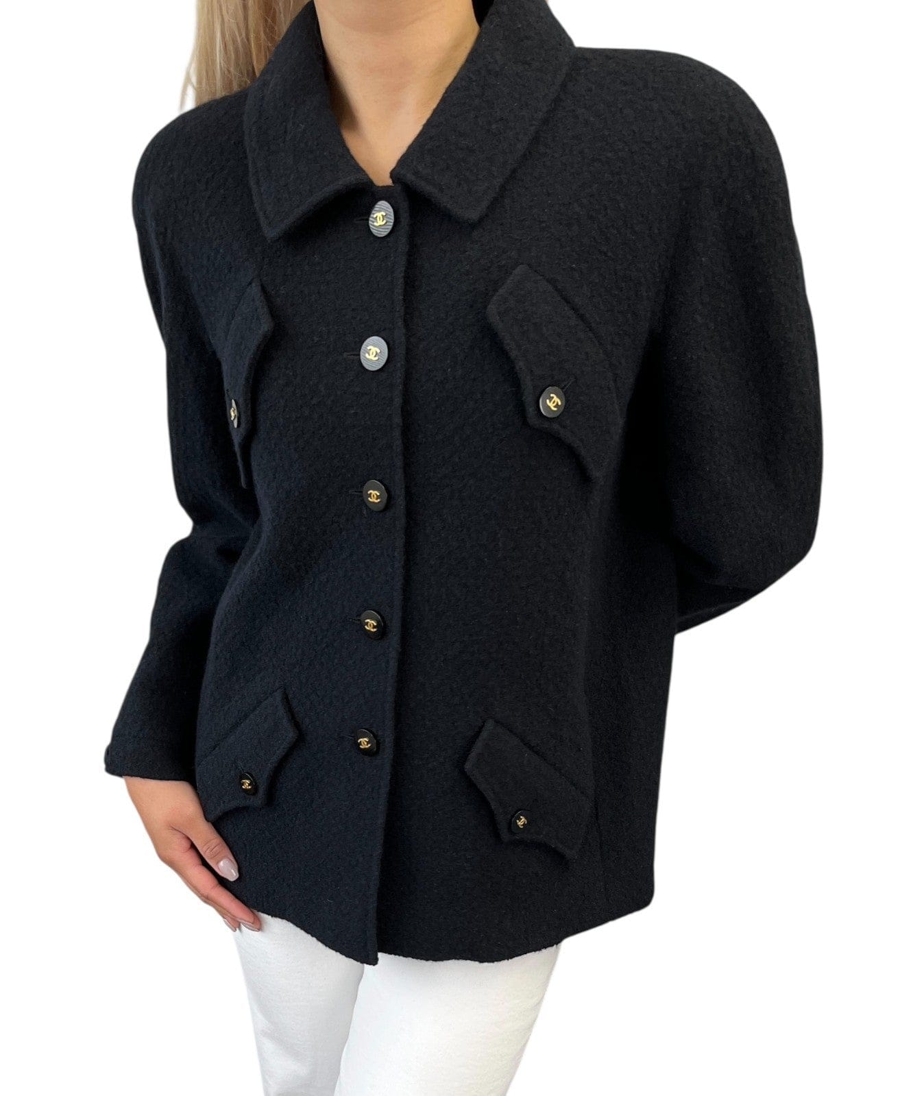Luxury Promise CHANEL Vintage 95A CC Mark Logo Jacket #38 Mohair Wool Black Gold Button