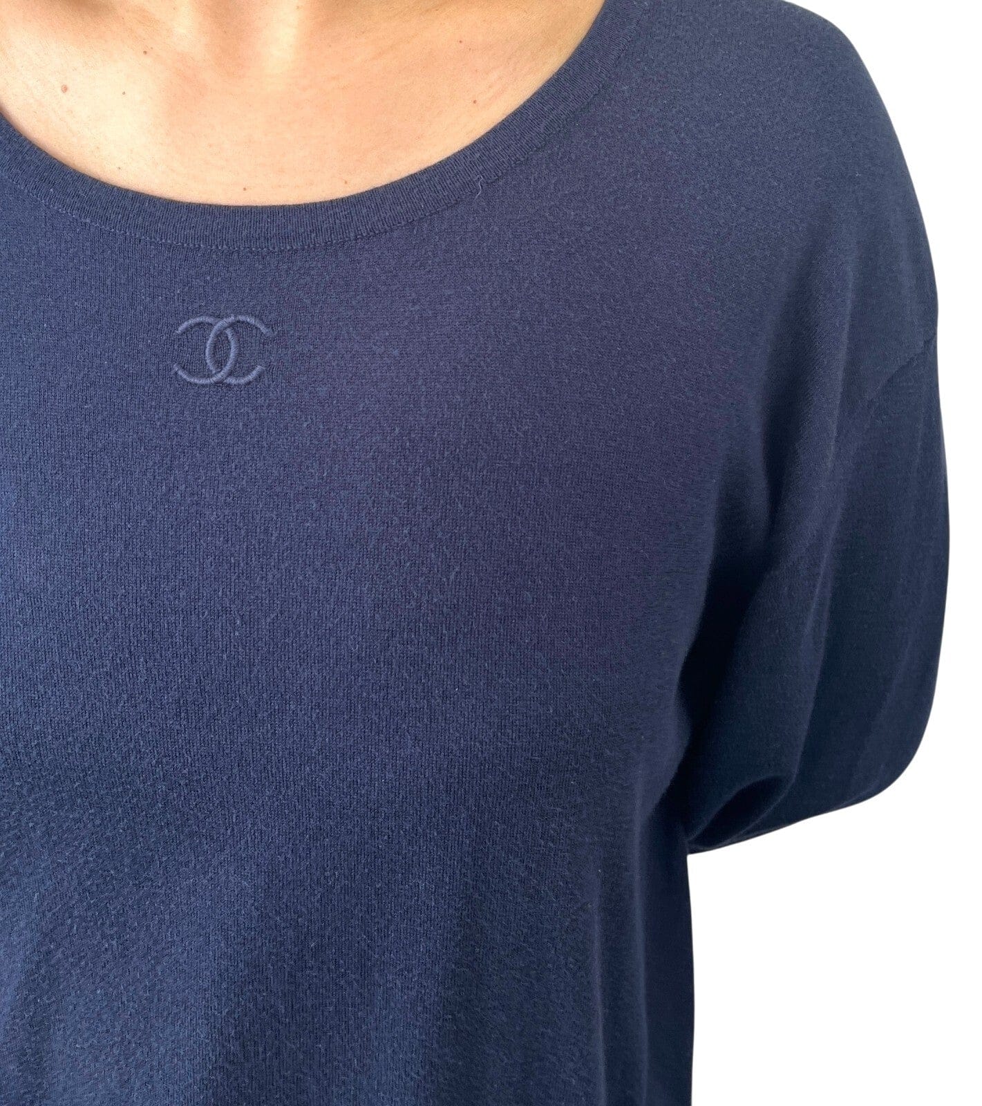Luxury Promise CHANEL Vintage 95C CC Logo Knit Top #42 Sweater Dark Blue Long Sleeve Cotton