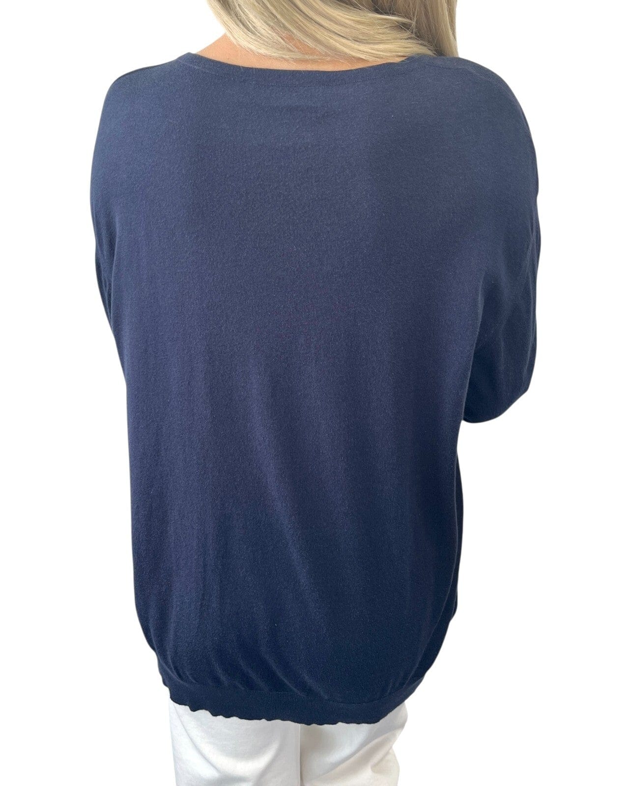 Luxury Promise CHANEL Vintage 95C CC Logo Knit Top #42 Sweater Dark Blue Long Sleeve Cotton
