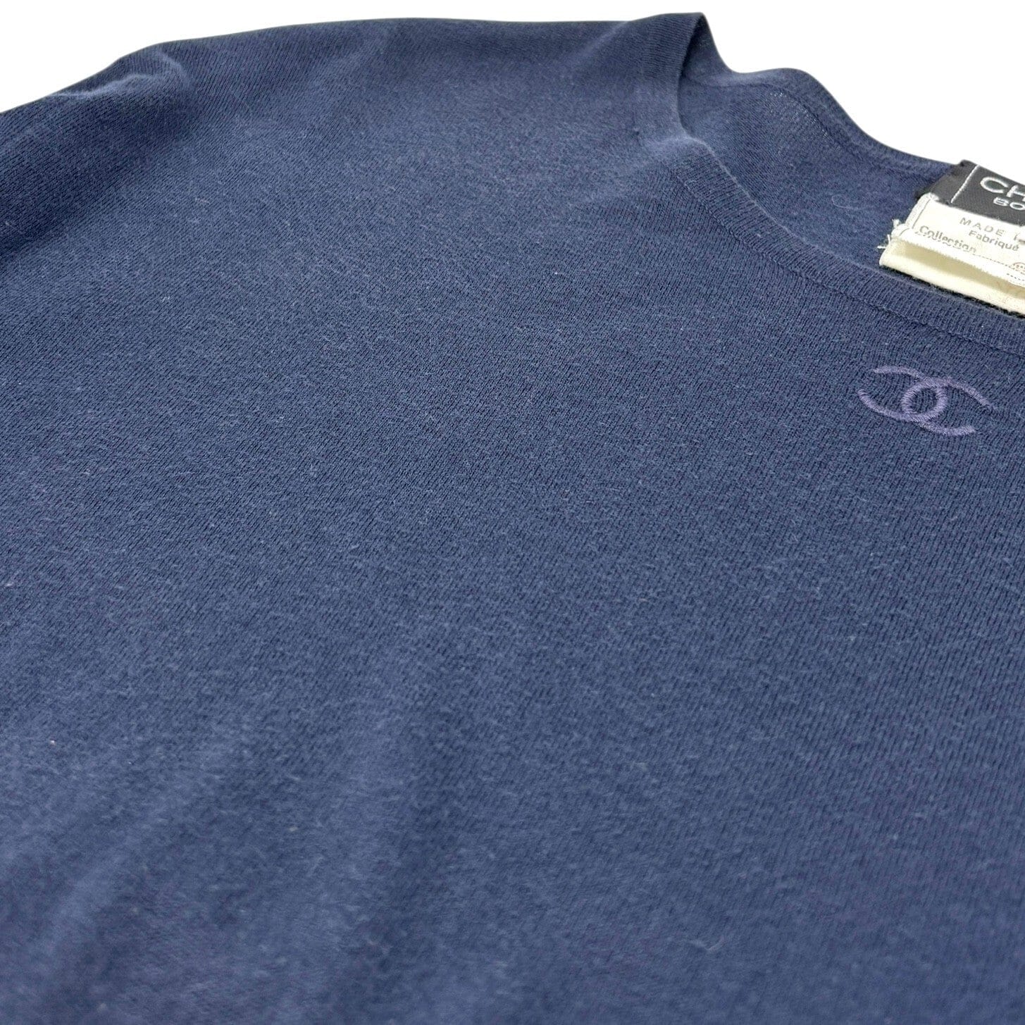 Luxury Promise CHANEL Vintage 95C CC Logo Knit Top #42 Sweater Dark Blue Long Sleeve Cotton