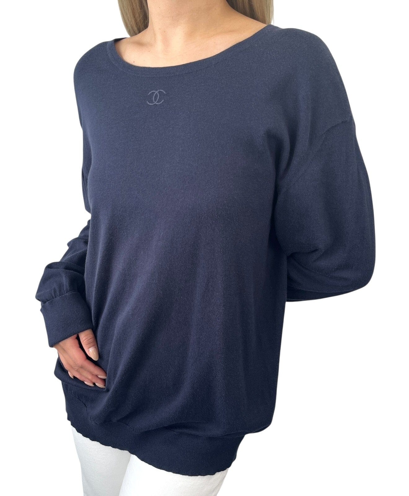 Luxury Promise CHANEL Vintage 95C CC Logo Knit Top #42 Sweater Dark Blue Long Sleeve Cotton