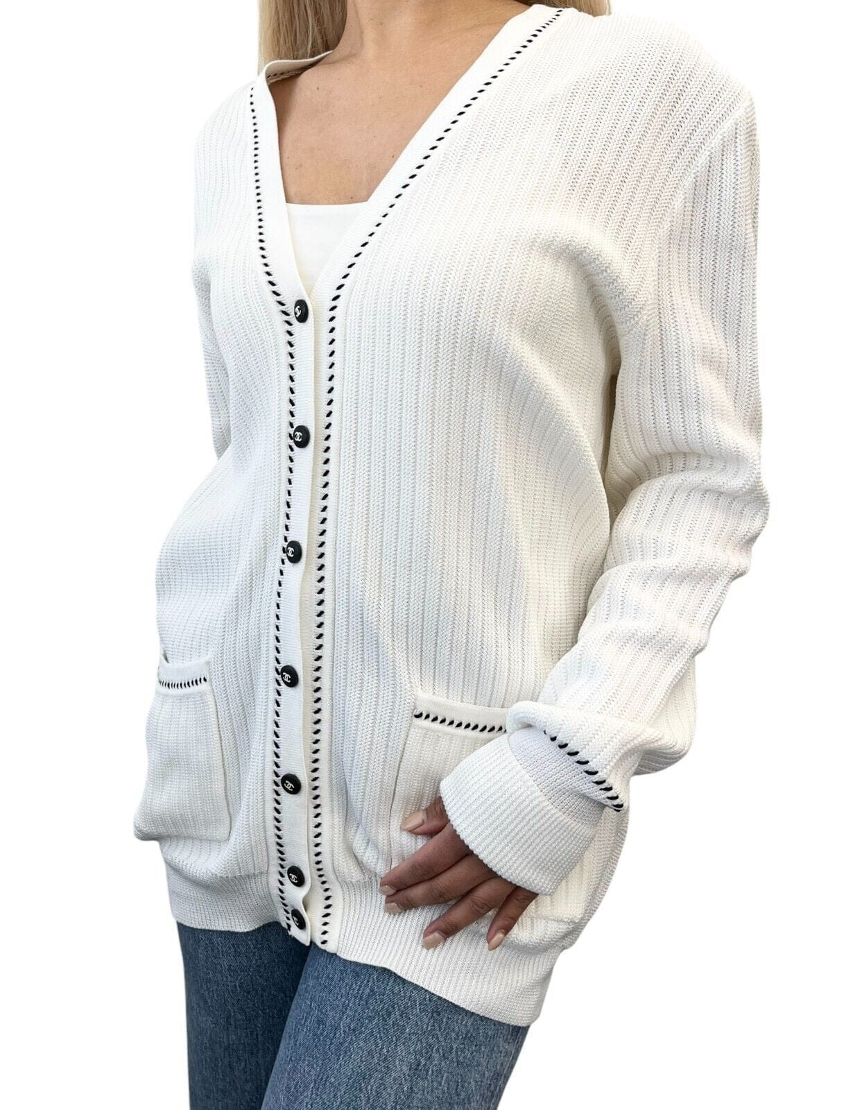Luxury Promise CHANEL Vintage 96P CC Logo Cardigan Sweater Top #42 Button White Black Cotton