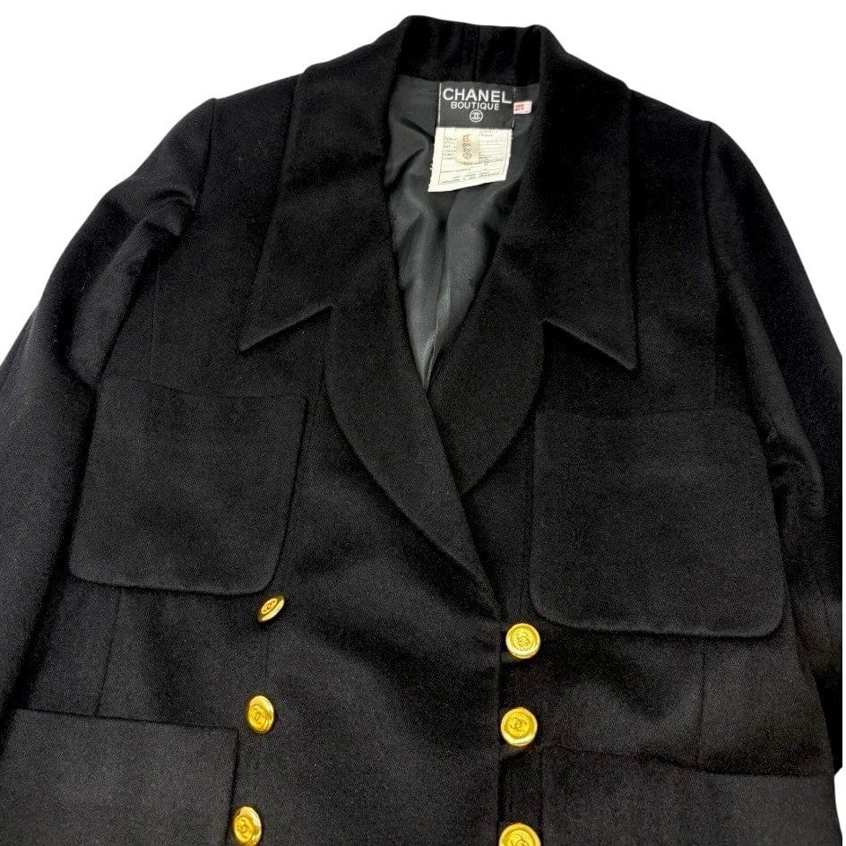 Luxury Promise CHANEL Vintage CC Mark Logo Jacket #38 Button Pocket Black Gold Cashmere