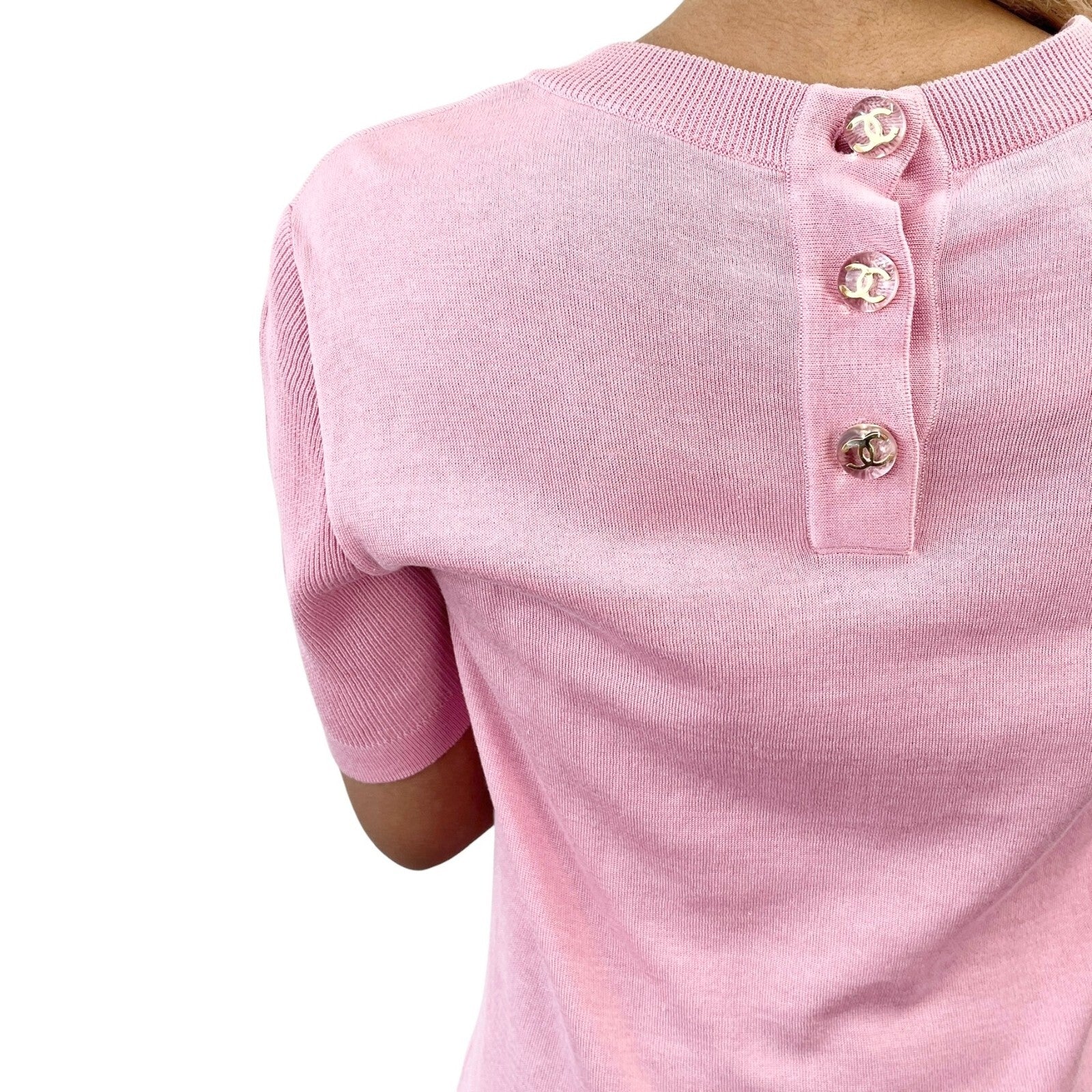 Luxury Promise CHANEL Vintage CC Mark Logo Knit Top T-shirt #36 Pink Gold Cotton Button