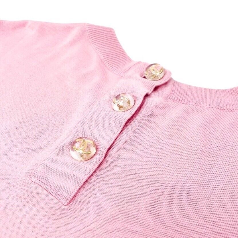 Luxury Promise CHANEL Vintage CC Mark Logo Knit Top T-shirt #36 Pink Gold Cotton Button