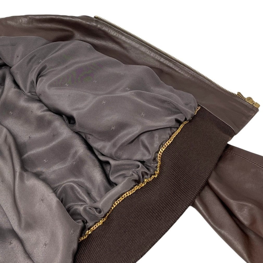 Luxury Promise CHANEL Vintage CC Mark Logo Leather Jacket Top #38 Brown Gold Silk Zip