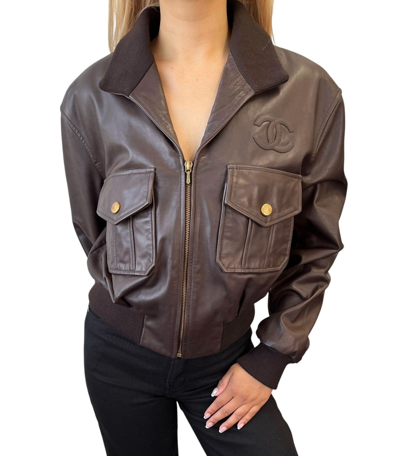 Luxury Promise CHANEL Vintage CC Mark Logo Leather Jacket Top #38 Brown Gold Silk Zip