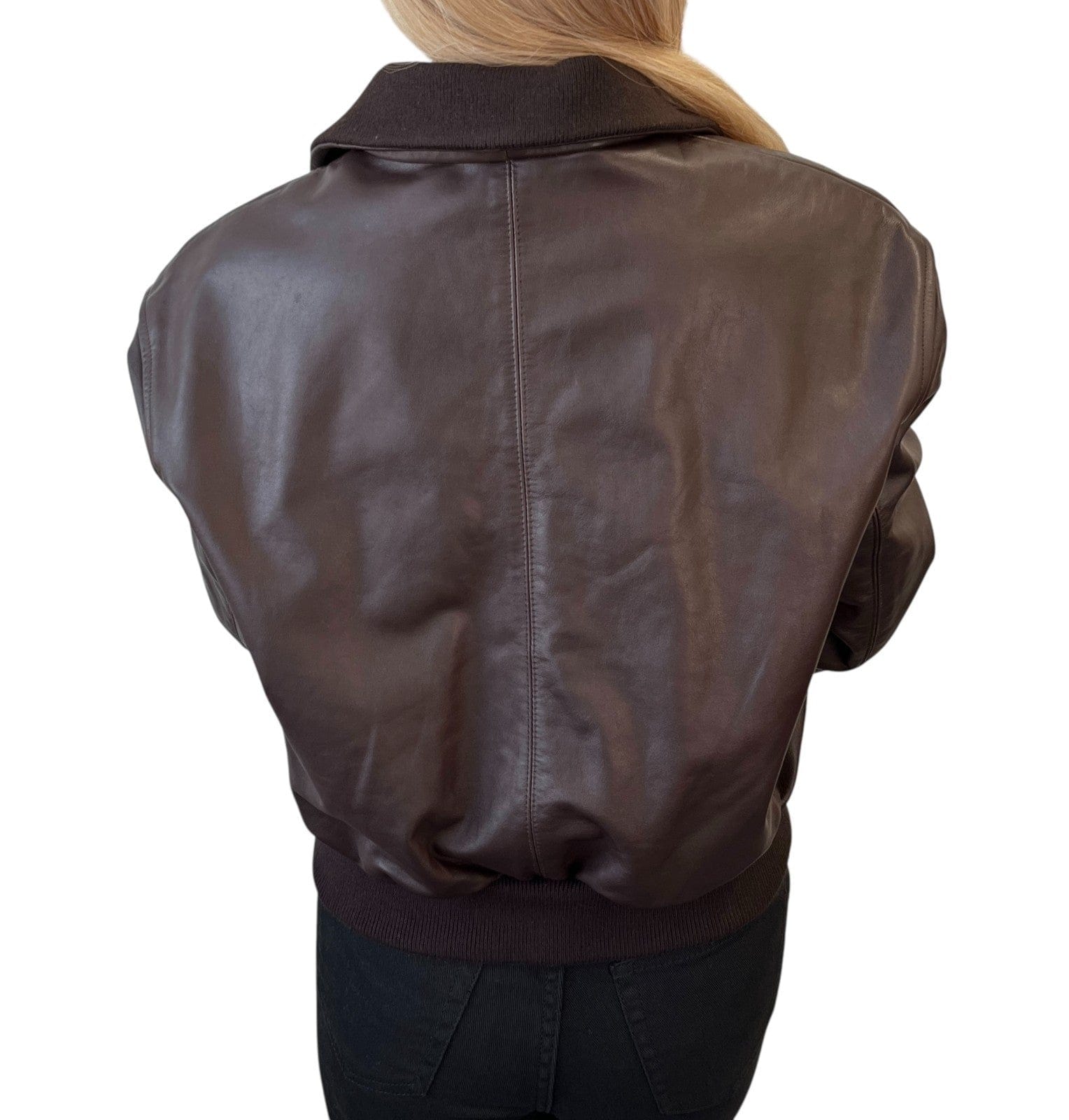 Luxury Promise CHANEL Vintage CC Mark Logo Leather Jacket Top #38 Brown Gold Silk Zip
