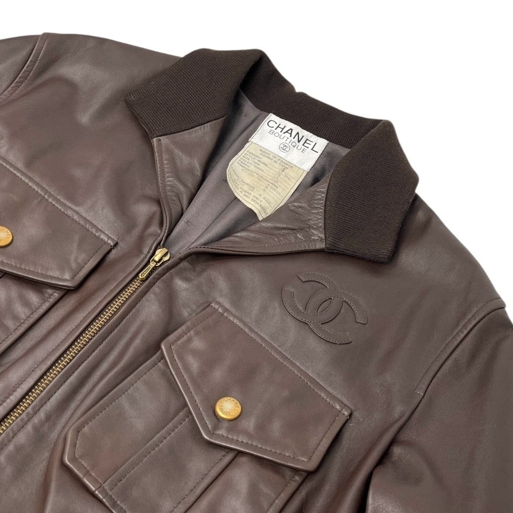 Luxury Promise CHANEL Vintage CC Mark Logo Leather Jacket Top #38 Brown Gold Silk Zip