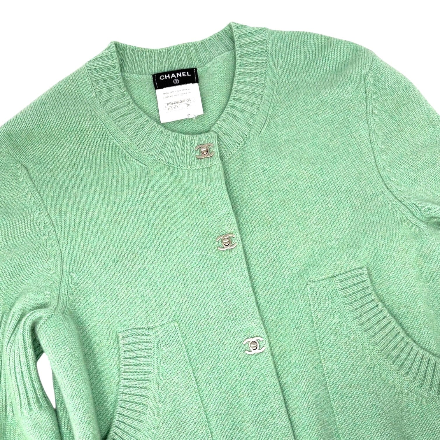 Luxury Promise CHANEL Vintage P52425 CC Turnlock Logo Knit Cardigan Dress #38 Cashmere Green