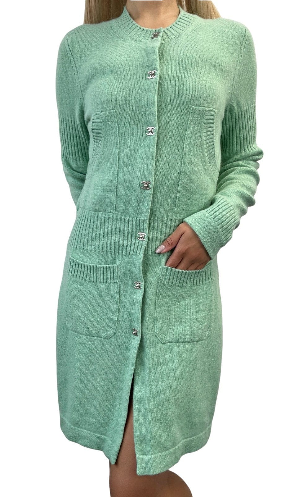 Luxury Promise CHANEL Vintage P52425 CC Turnlock Logo Knit Cardigan Dress #38 Cashmere Green