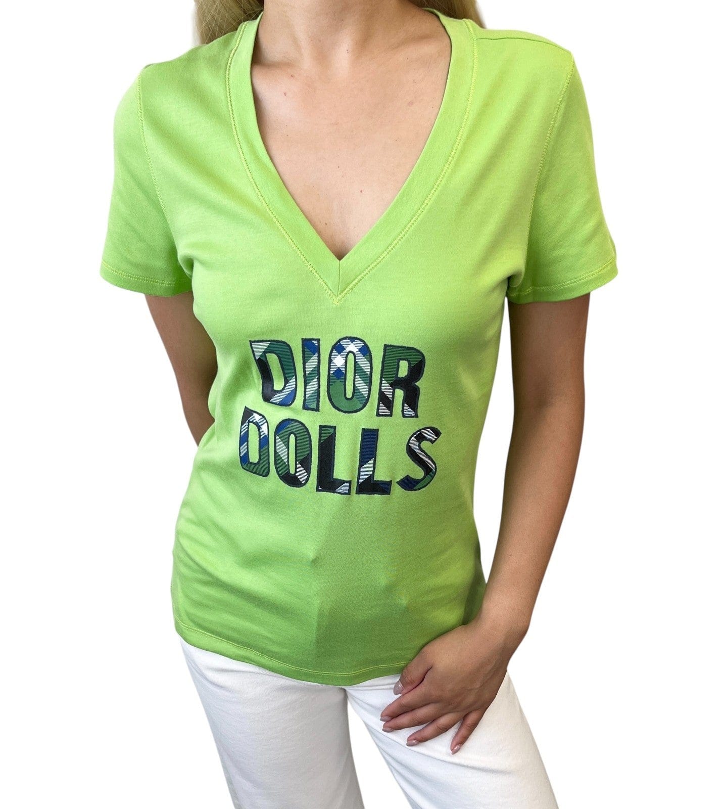 Luxury Promise Christian Dior Vintage 2004 Dolls Logo T-shirt Top #44 Light Green Cotton