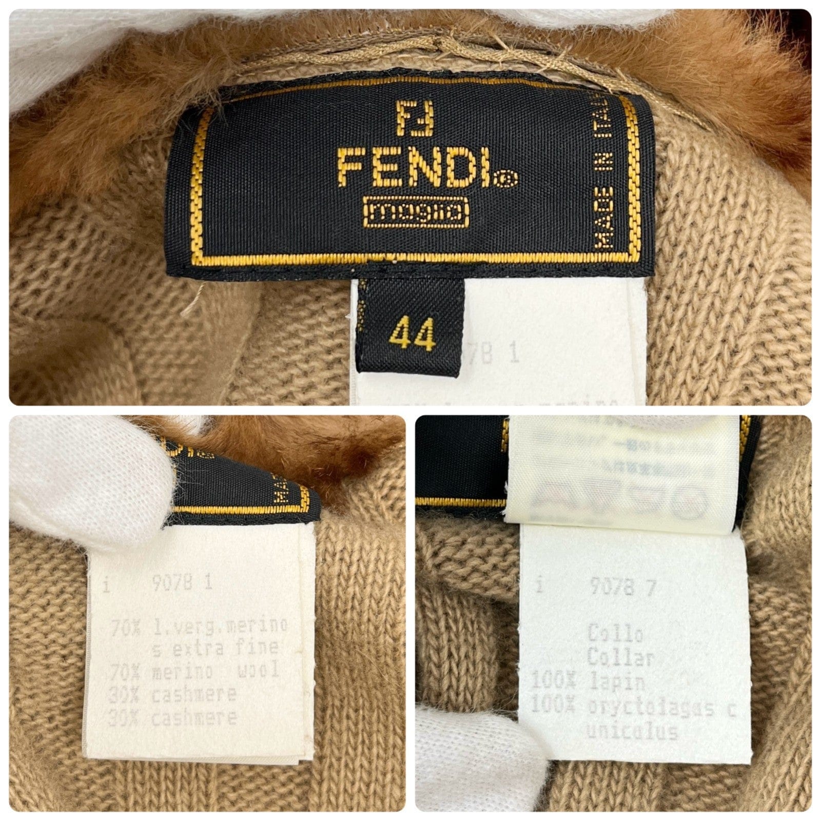 Luxury Promise FENDI Vintage Fur Knit Rib Jacket #44 Cardigan Sweater Beige Wool Cashmere
