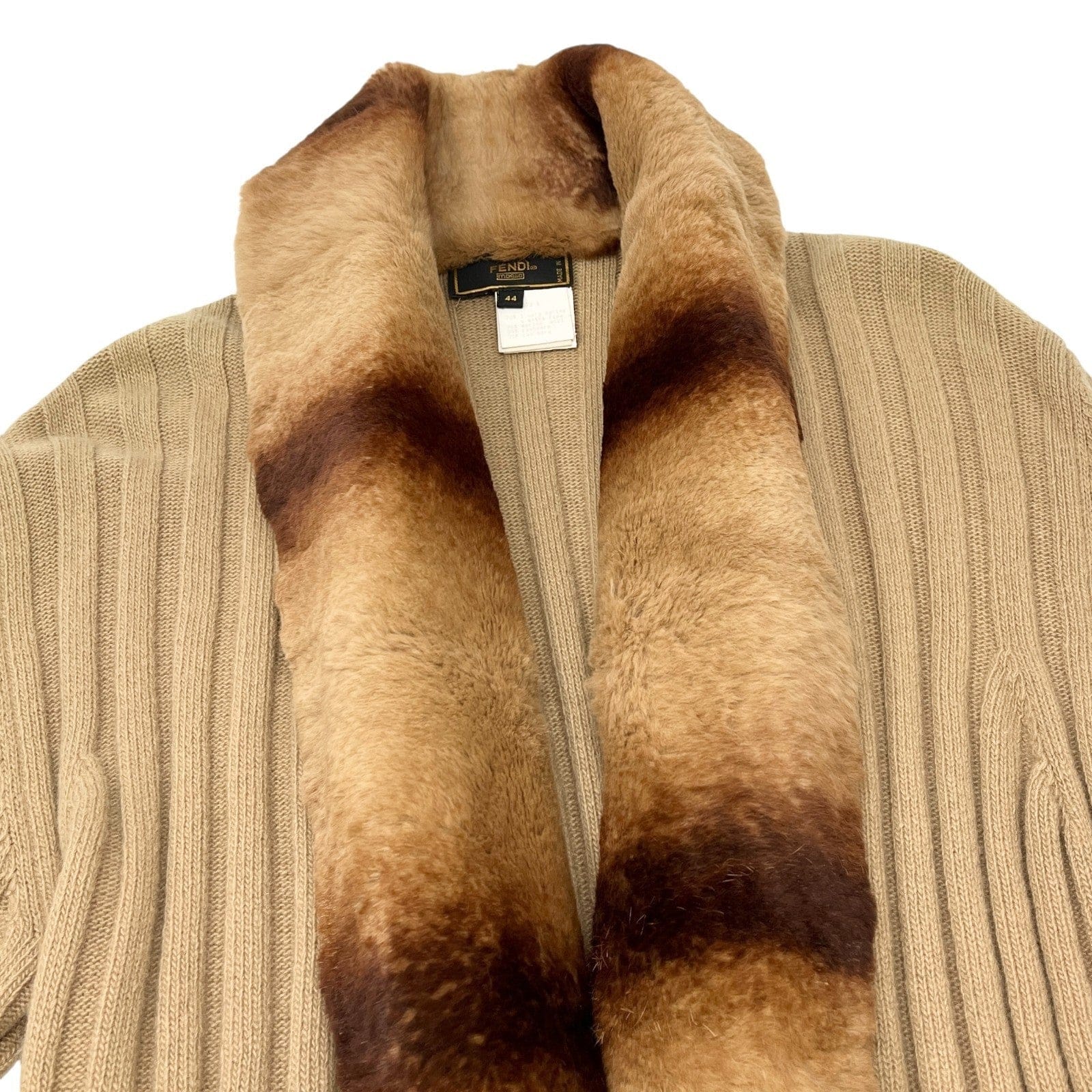 Luxury Promise FENDI Vintage Fur Knit Rib Jacket #44 Cardigan Sweater Beige Wool Cashmere
