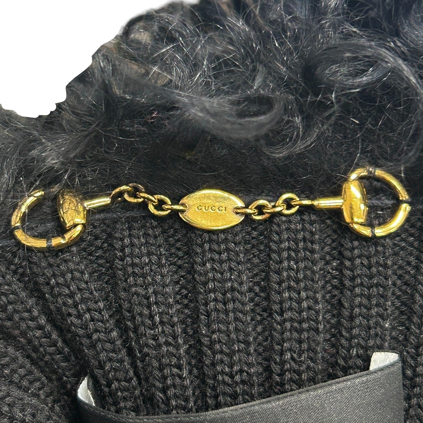 Luxury Promise GUCCI Vintage Horsebit Faux Fur Jacket Knit Vest #40 Black Gold Wool Zip