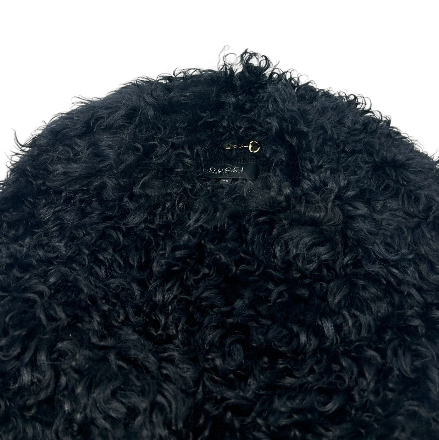 Luxury Promise GUCCI Vintage Horsebit Faux Fur Jacket Knit Vest #40 Black Gold Wool Zip