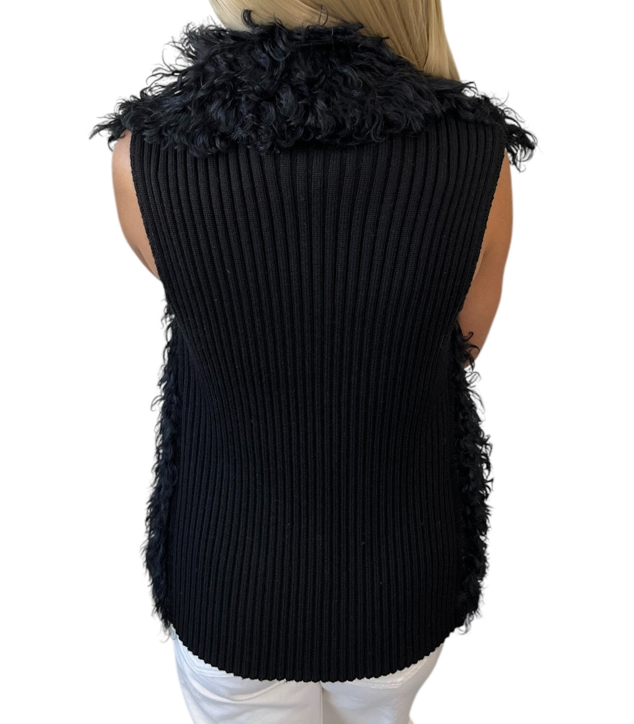 Luxury Promise GUCCI Vintage Horsebit Faux Fur Jacket Knit Vest #40 Black Gold Wool Zip