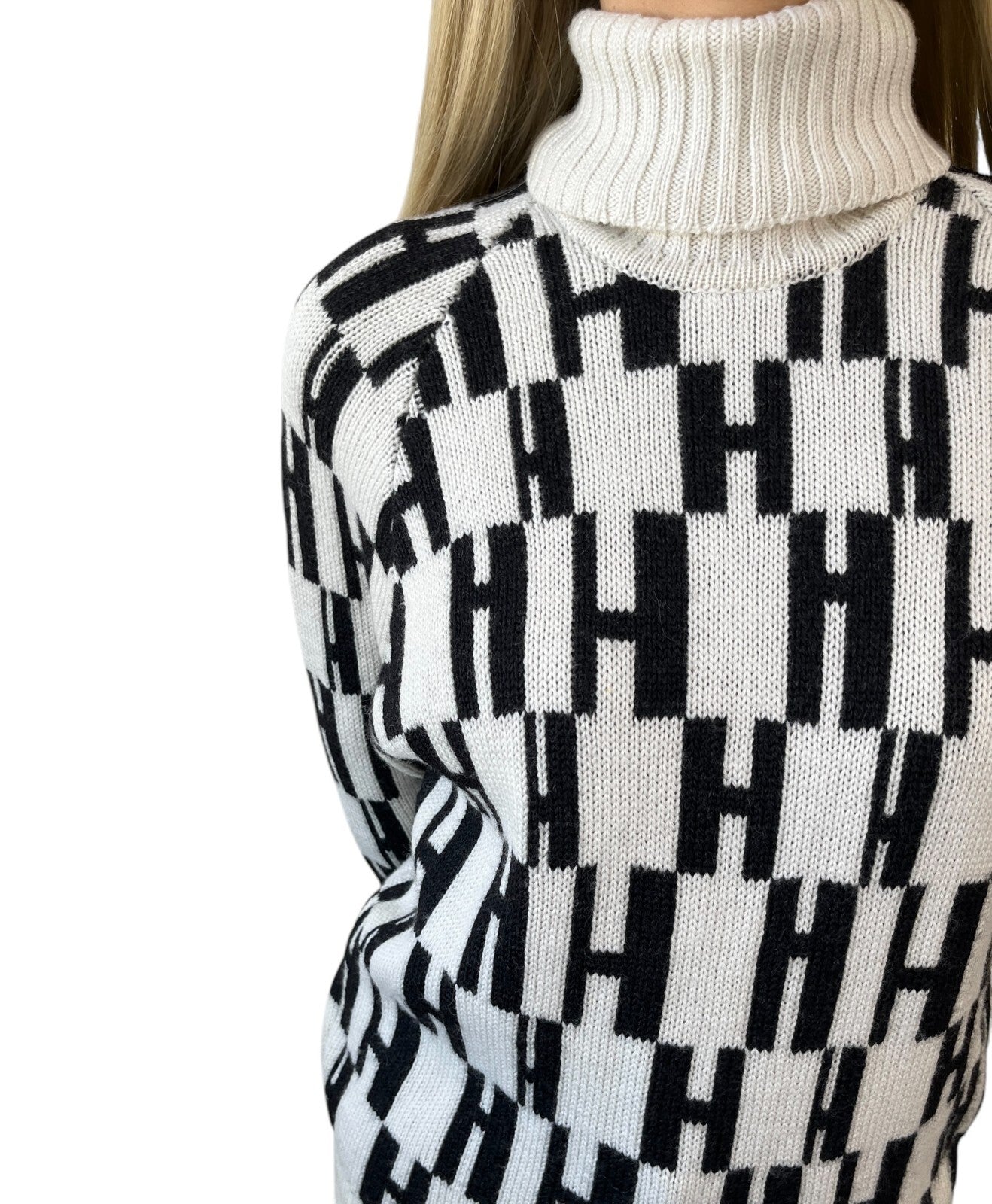 Luxury Promise HERMES Vintage H Monogram Logo Turtleneck Sweater Top #S Cream Black Wool
