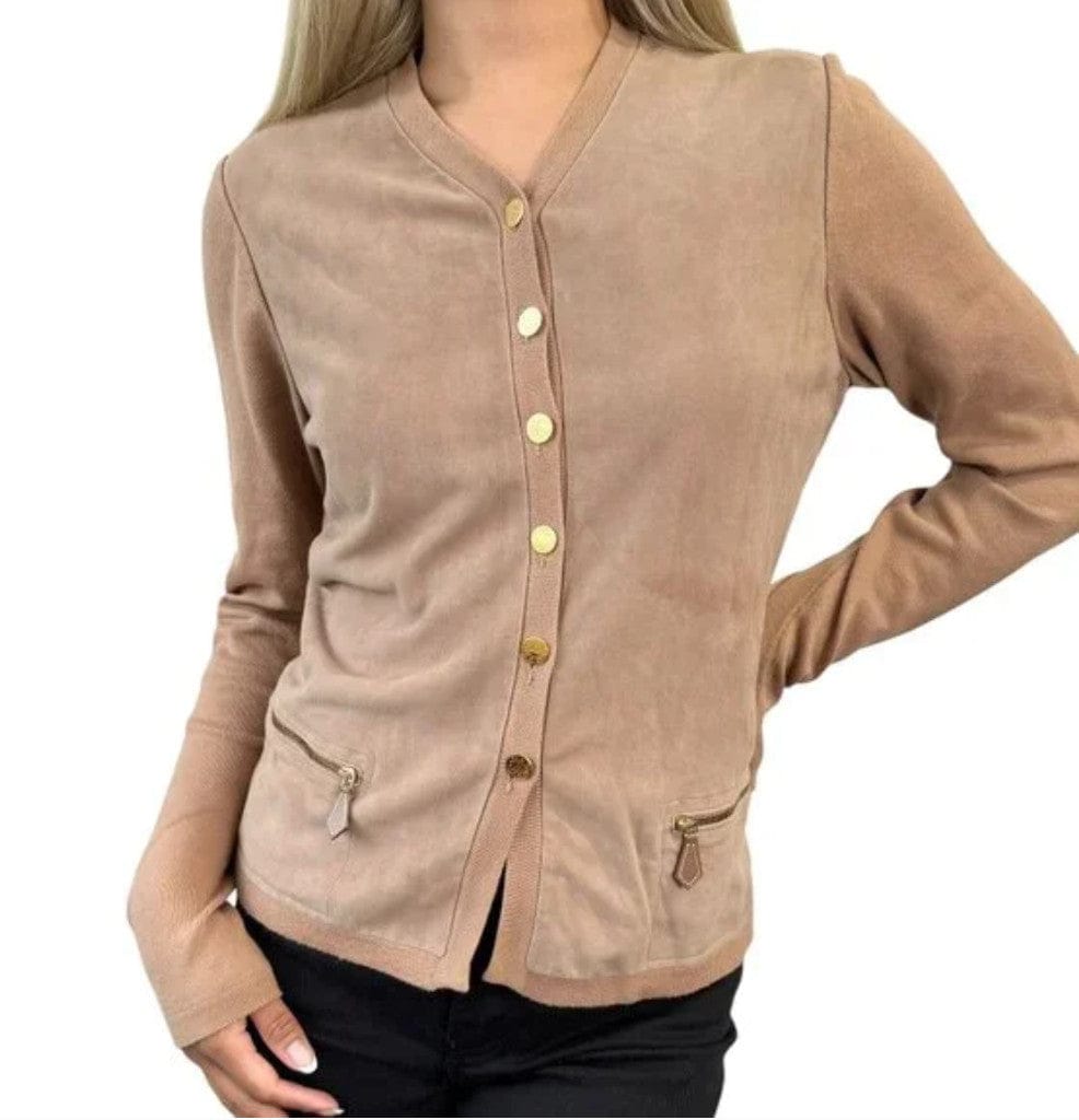 Luxury Promise HERMES Vintage Sellier Button Cardigan #M Light Brown Gold Cotton Nubuck