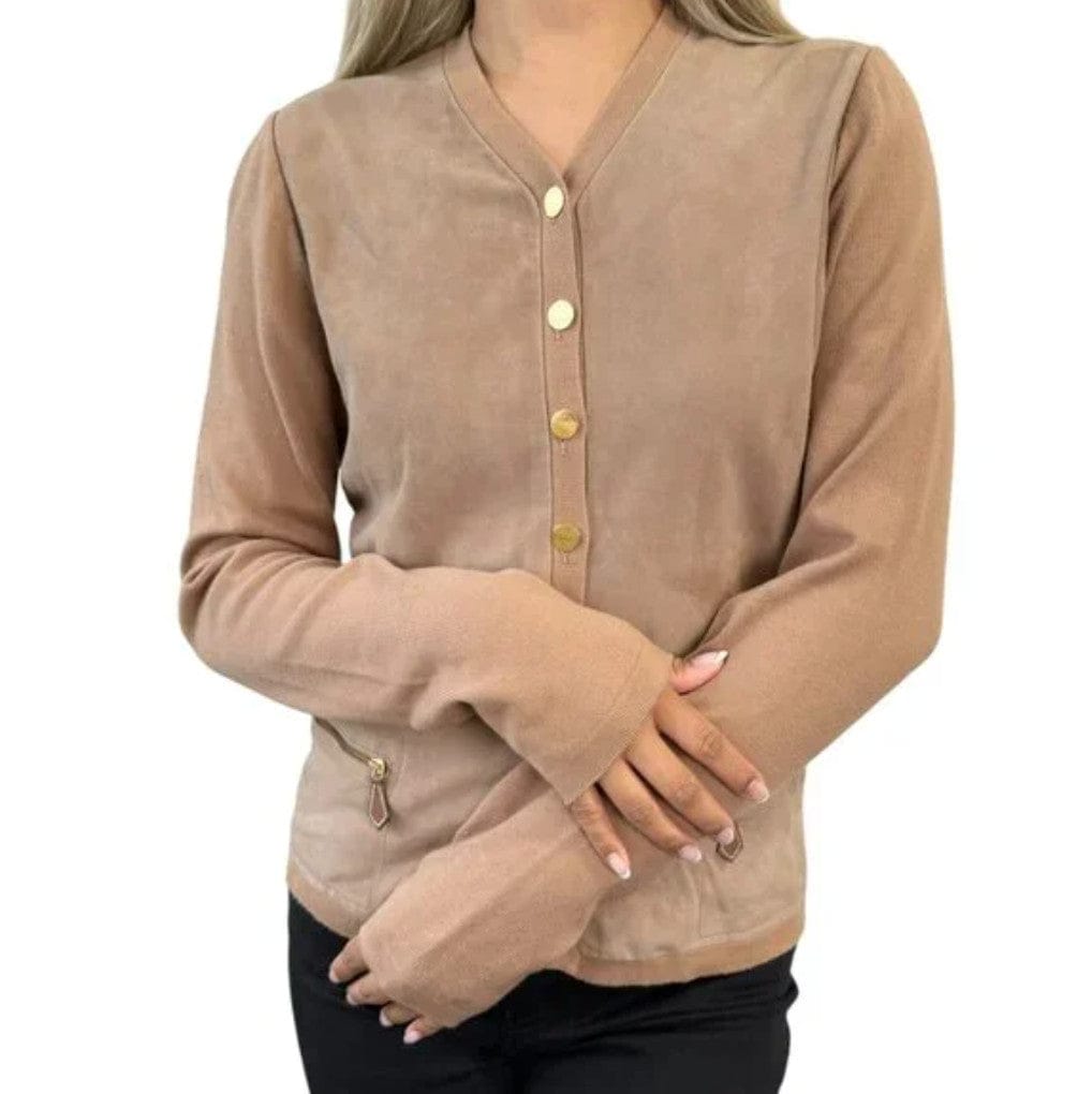 Luxury Promise HERMES Vintage Sellier Button Cardigan #M Light Brown Gold Cotton Nubuck
