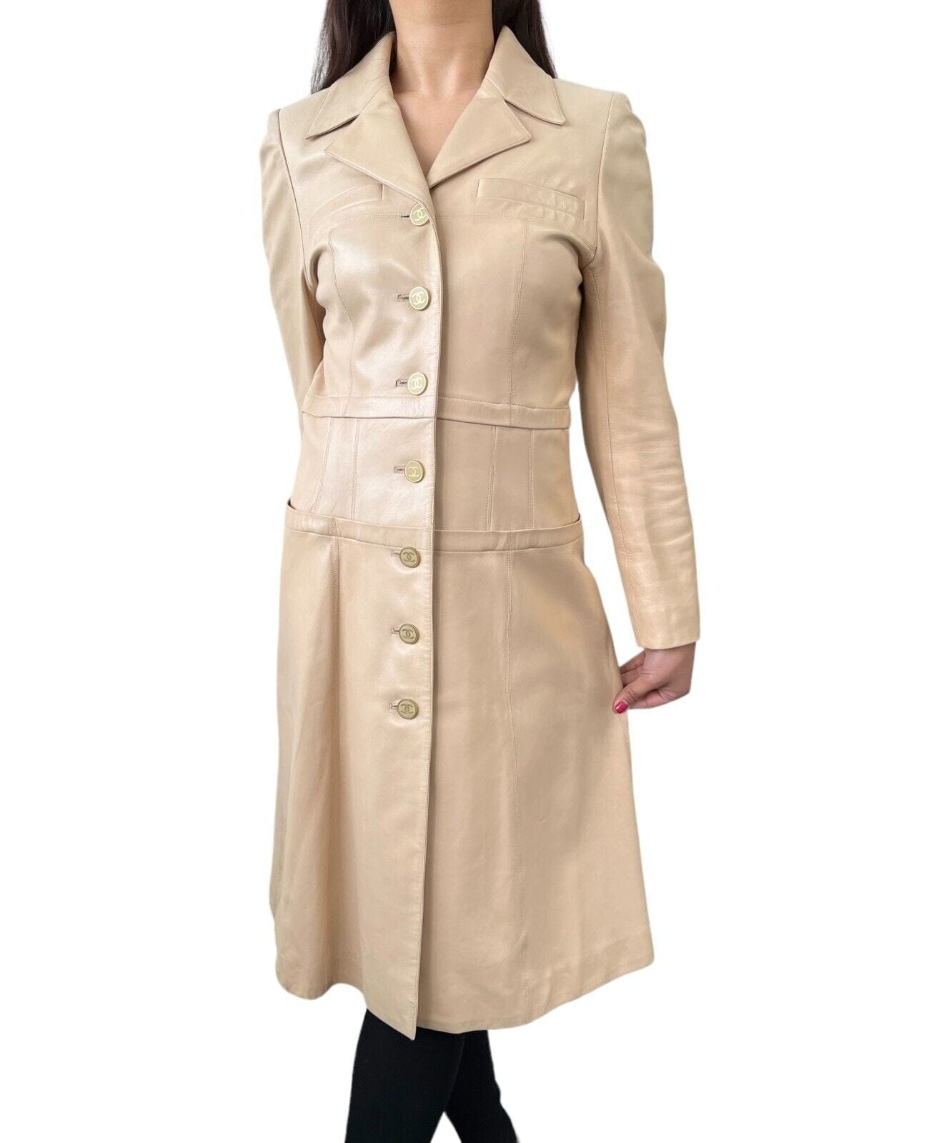 Luxury Promise CHANEL Vintage 01A CC Mark Button Leather Coat #40 Long Jacket Cream Rank AB