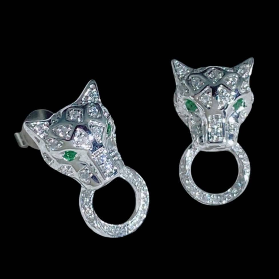 Luxury Promise 0.23ct White Diamond Panther Earrings with 0.05ct Green Tsavorite Eyes