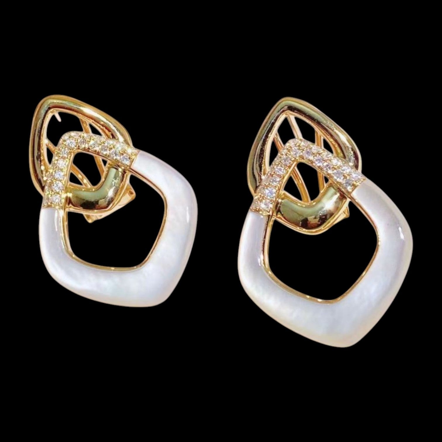 Luxury Promise 0.35ct White Diamond Rhombus White Mother of Pearl Earrings set in 18K Yellow Gold