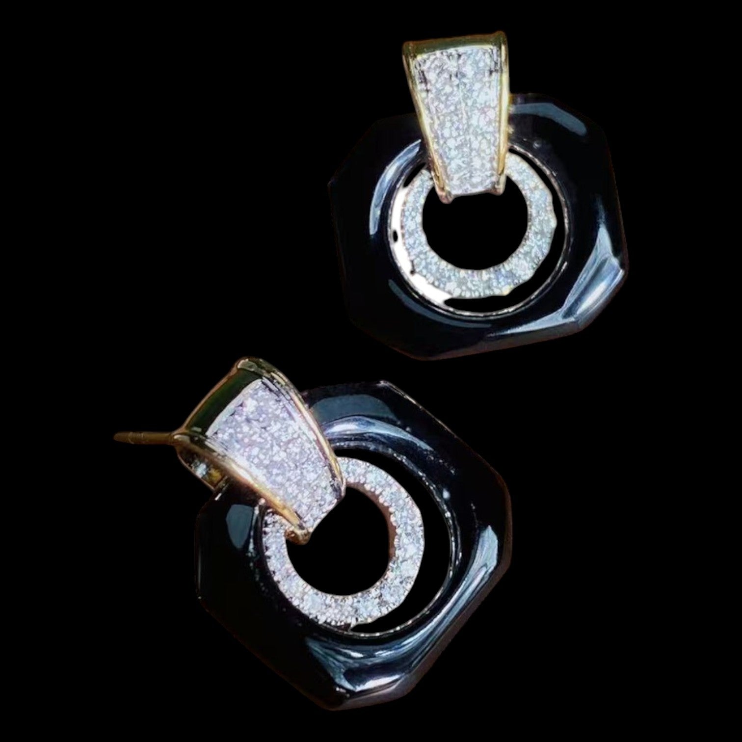 Luxury Promise 0.56ct White Diamond Black Agate Earrings set in 18K Yellow & White Gold