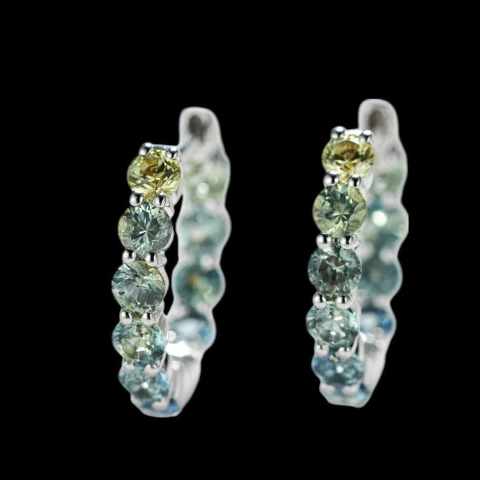 Luxury Promise 1.58ct Multi Green Blue Round Sapphire Hoop Earrings set in 18K White Gold