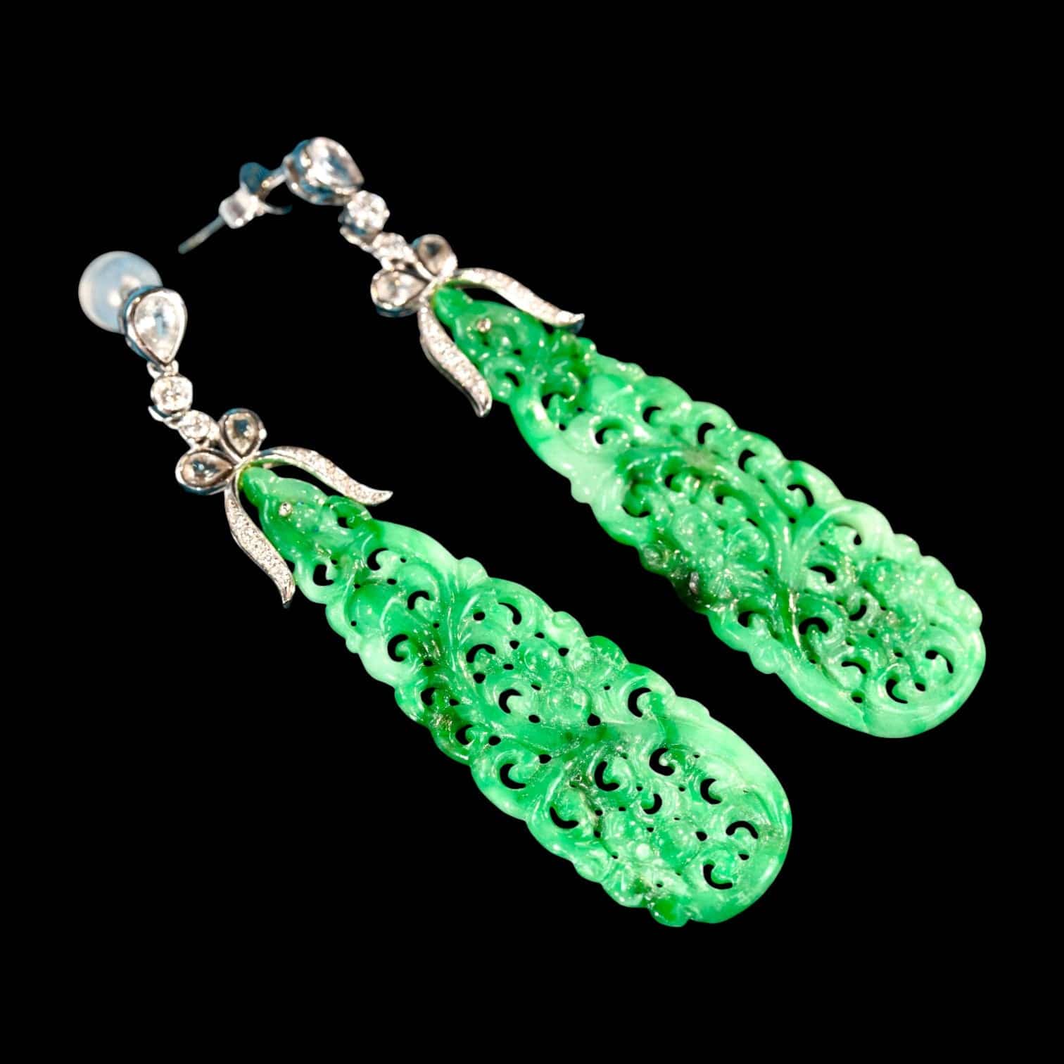 Luxury Promise Burmese Green Carved Jade 43.9mm & 13.8mm and 0.22ct Diamond Earrings set in 18K White Gold