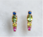 Luxury Promise Carnivale Splice Earrings 18ct Yellow Gold with Shades of Sapphires & Green Tourmaline