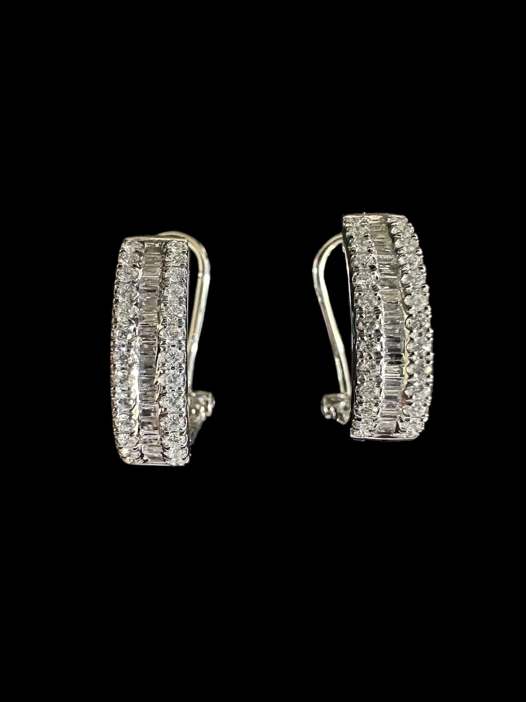 Luxury Promise Diamond Baguette & Round Hoop Earrings set in 18K White Gold