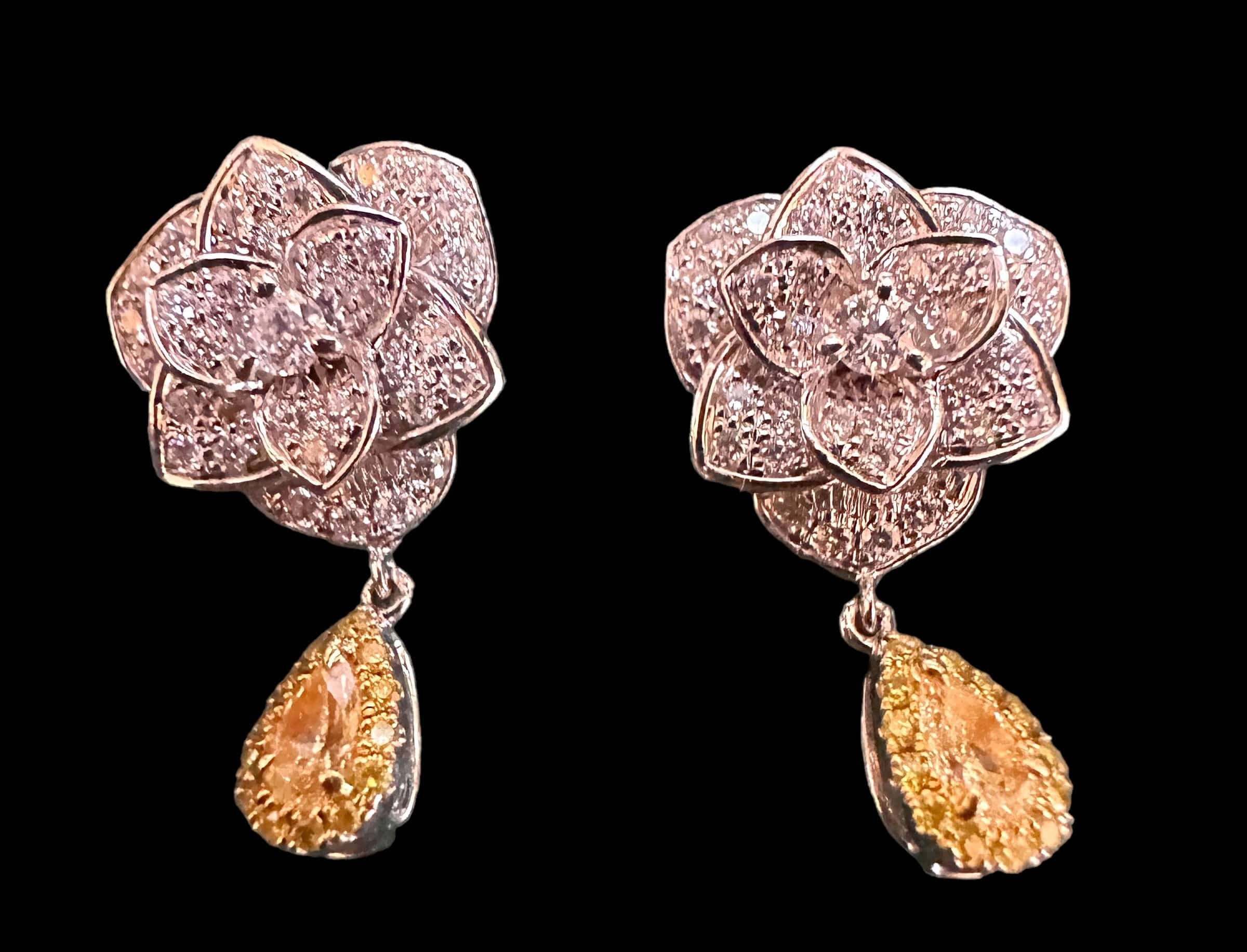 Luxury Promise Diamond Flower and Yellow Diamond Drop Earrings