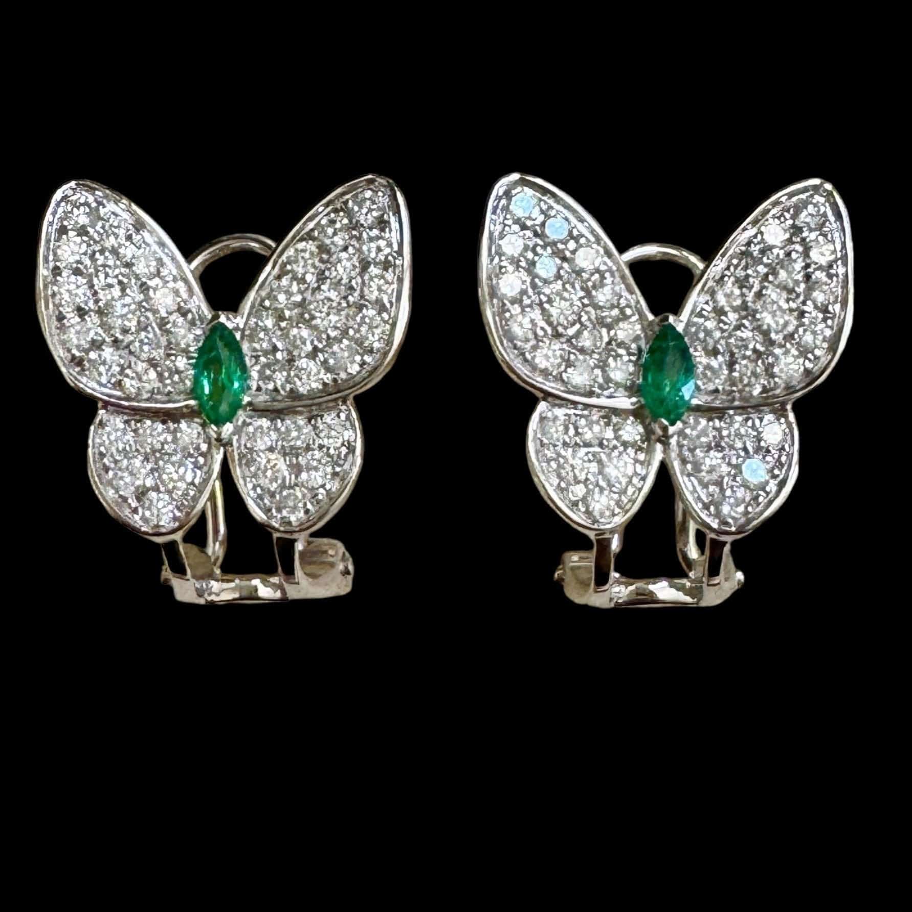 Luxury Promise Emerald & Diamond Butterfly Earrings set in 18K White Gold